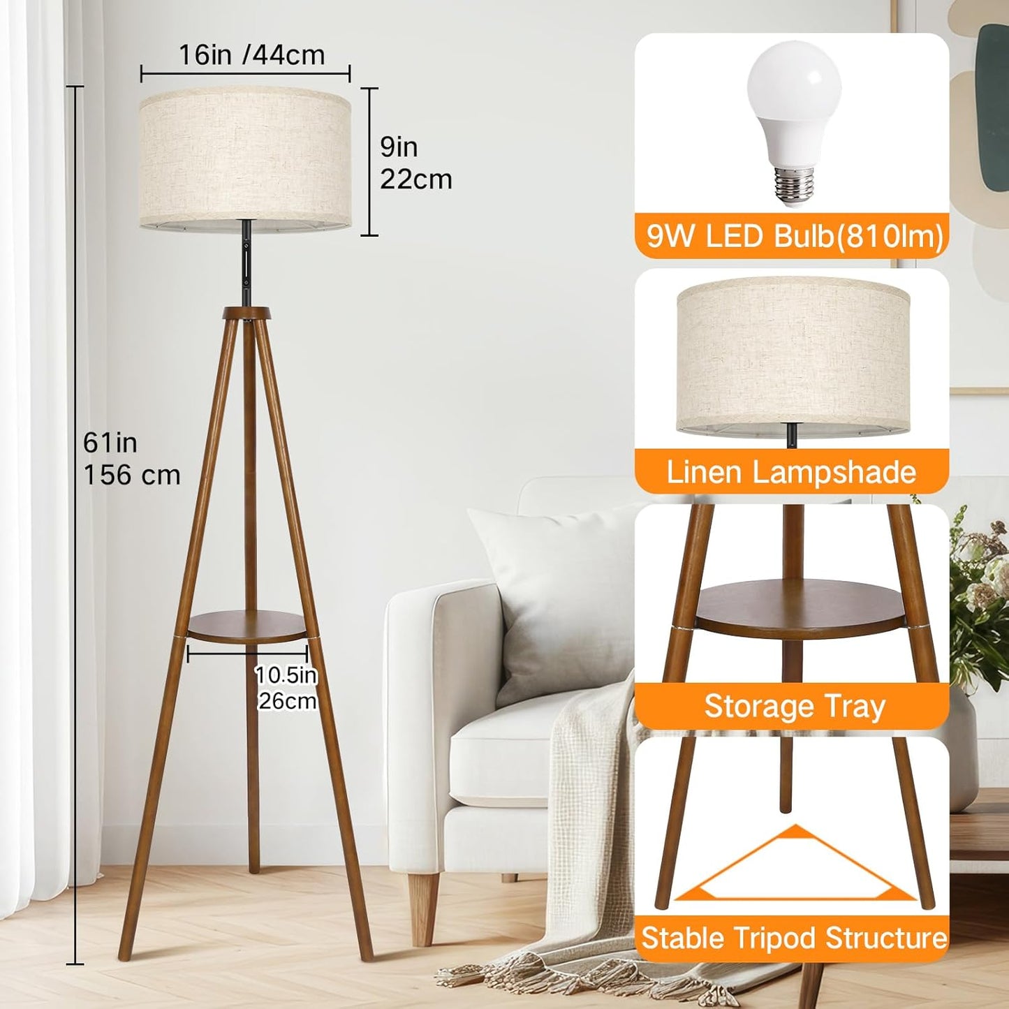 OUTON Wood Tripod Floor Lamp with Shelves, Mid Century LED Modern Dimmable Floor Lamp with Remote & Touch Control, Sturdy Tall Standing Lamp for Living Room, Bedroom, Office, Walnut