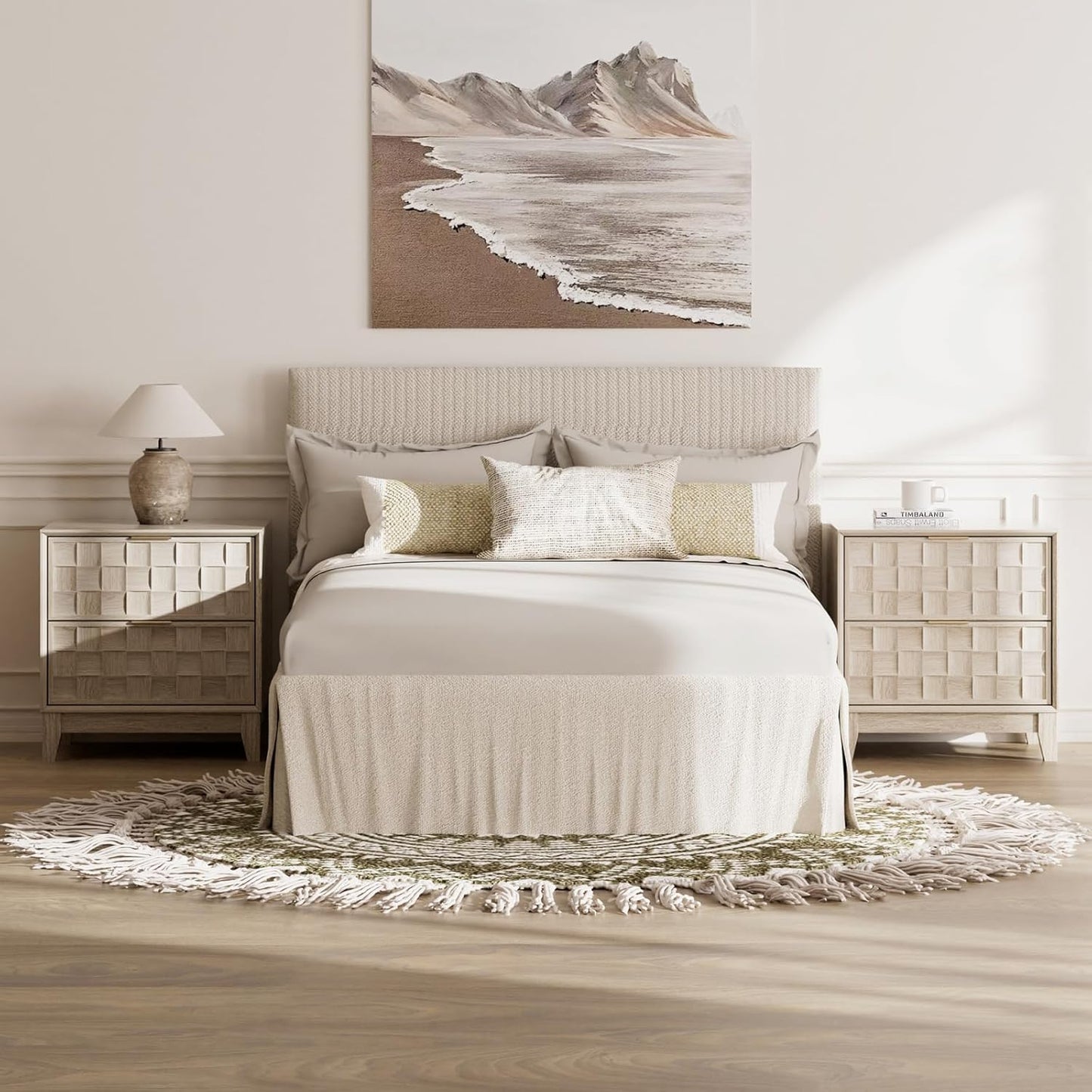 COLAMY Nightstand with Charging Station, 22" Modern Bed Side Table with 2 Storage Drawers and Chessboard Relieffor Bedroom, Dorm and Small Spaces - Oak