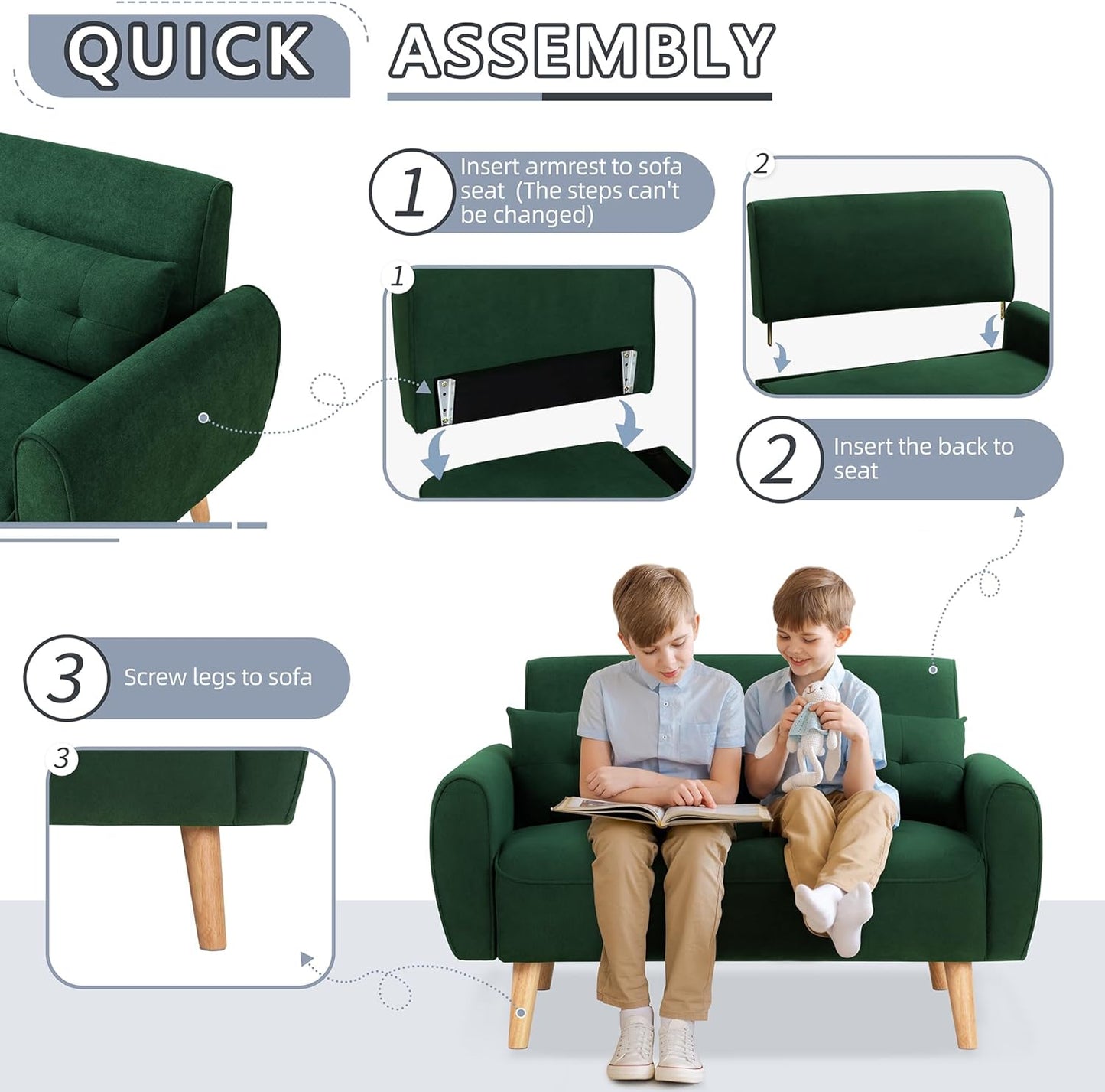 Shintenchi Small Modern Loveseat Couch Sofa, Mid Century Fabric Upholstered 2-Seat Sofa Couch Love Seats Furniture for Small Space,Living Room,Studio,Apartment with 2 Pillows,Green