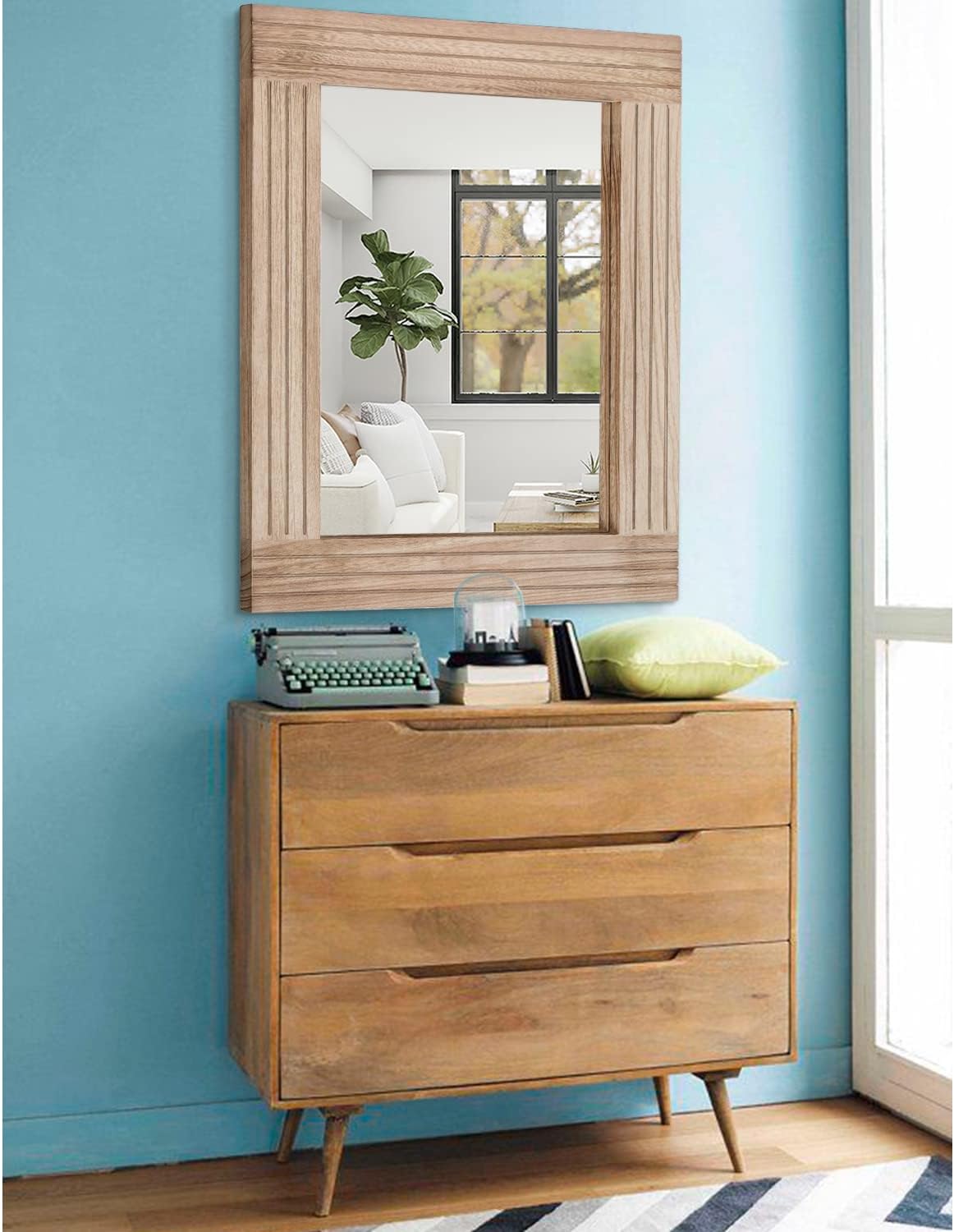 Rectangle Mirror Retro Wooden Wall-Mounted Mirrors Farmhouse Bedroom Bathroom Vanity Entrance Decorative Antique Hanging Mirror Large 26"x18"