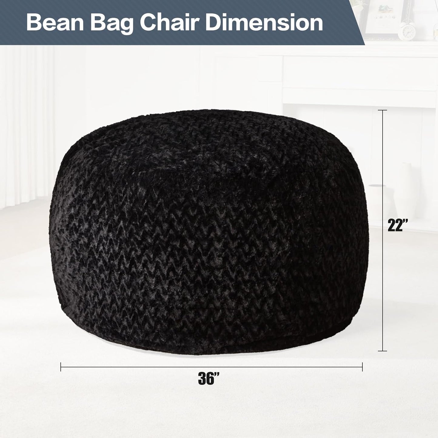 Hobestluk 3ft Bean Bag Chairs for Adults Large Beanbag Chair with Chevron Plush Fur Cover Big Bean Bag Chair for Living Room Bedroom Dorm Office - Black (36” x 36” x 22”)