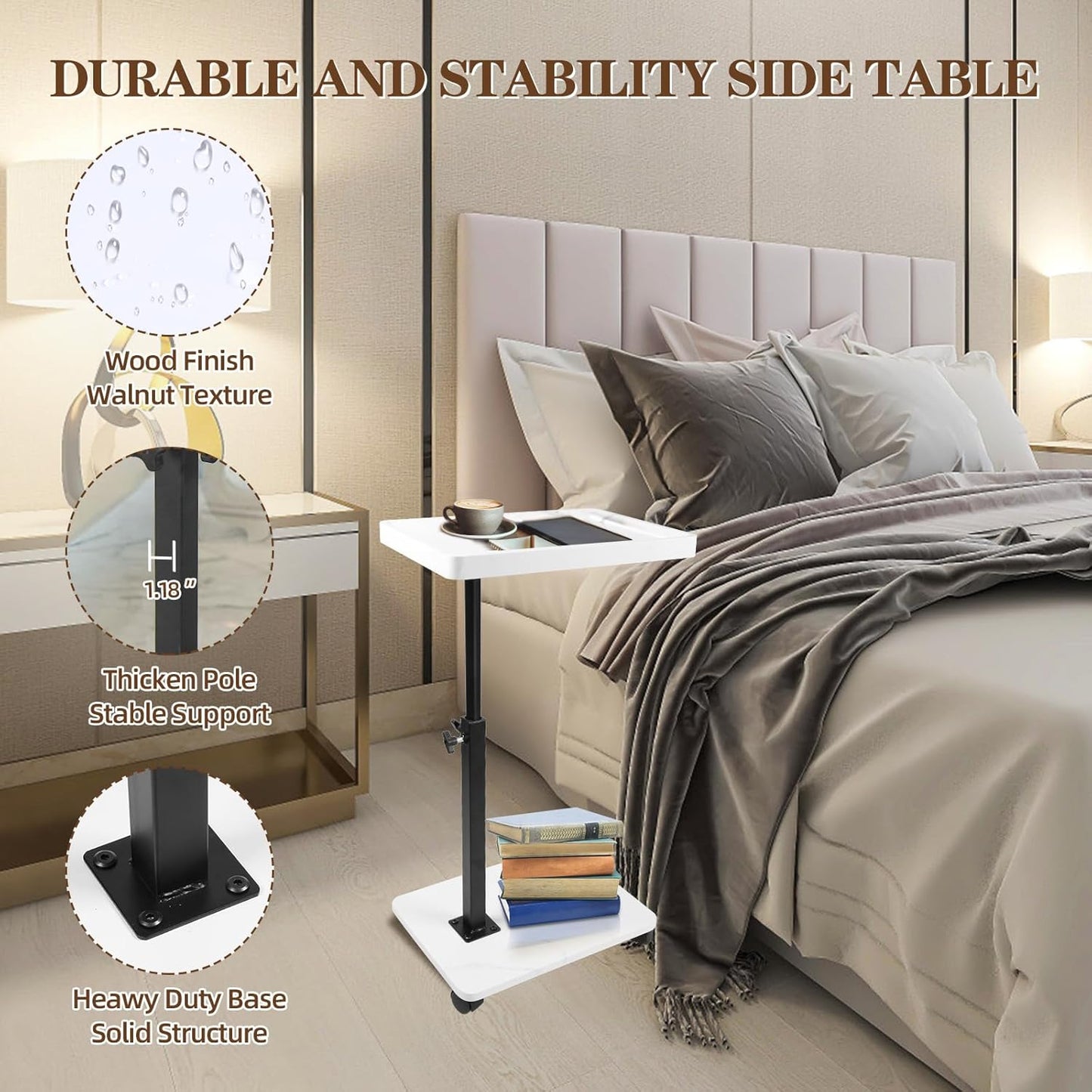 C Table Side Table End Table Adjustable Height，C Shaped End for Couch，Snack Tables,360°Swivel TV Tray Sofa Table， For Small Spaces，Side Tables living room and bedroom for Sofa, Bed,Chair(White)