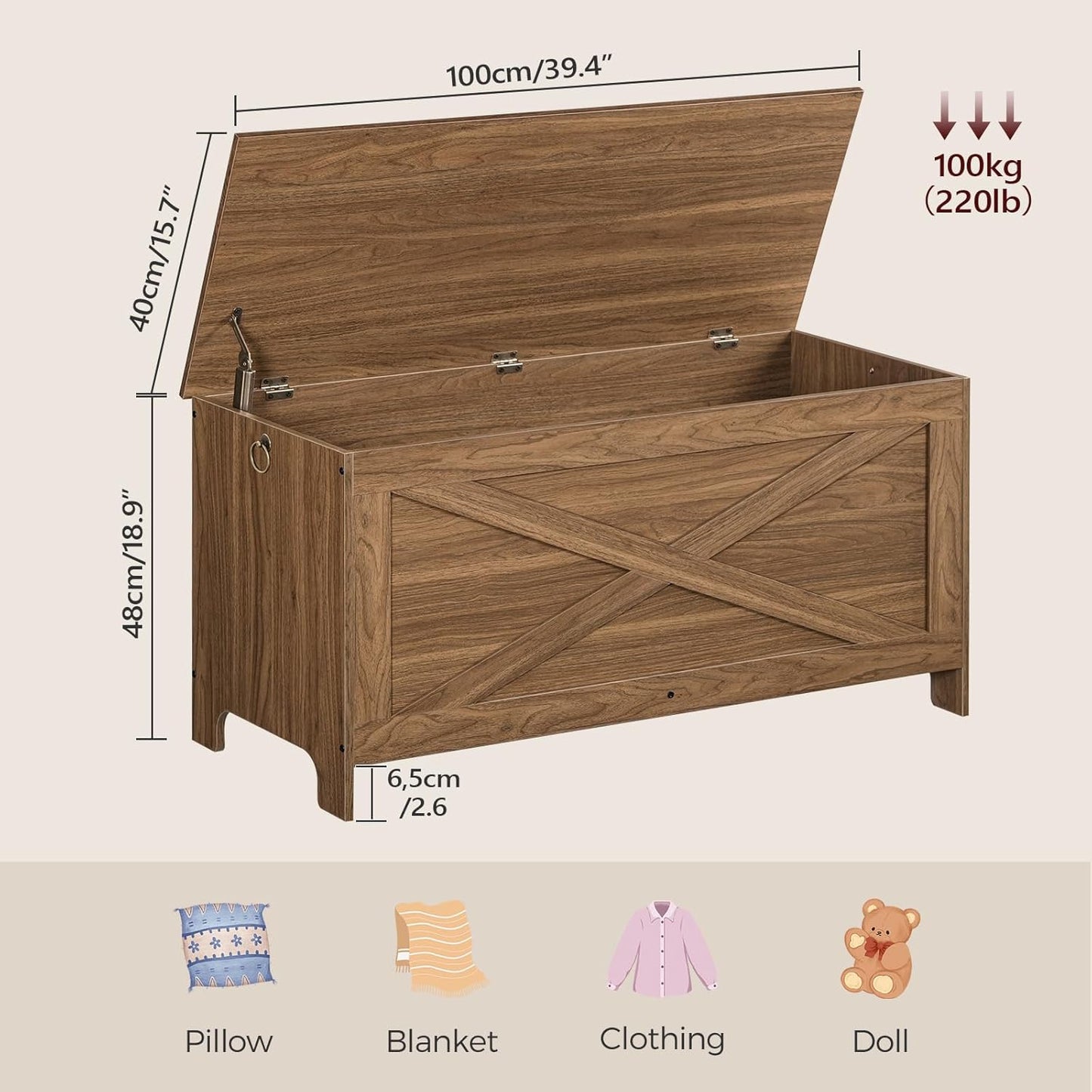 39.4" Toy Chest, Sturdy Entryway Storage Chest with Safety Hinges, Retro Toy Box, Wooden Look Accent Furniture for Living Room, Bedroom, Honey Brown SCOR48101