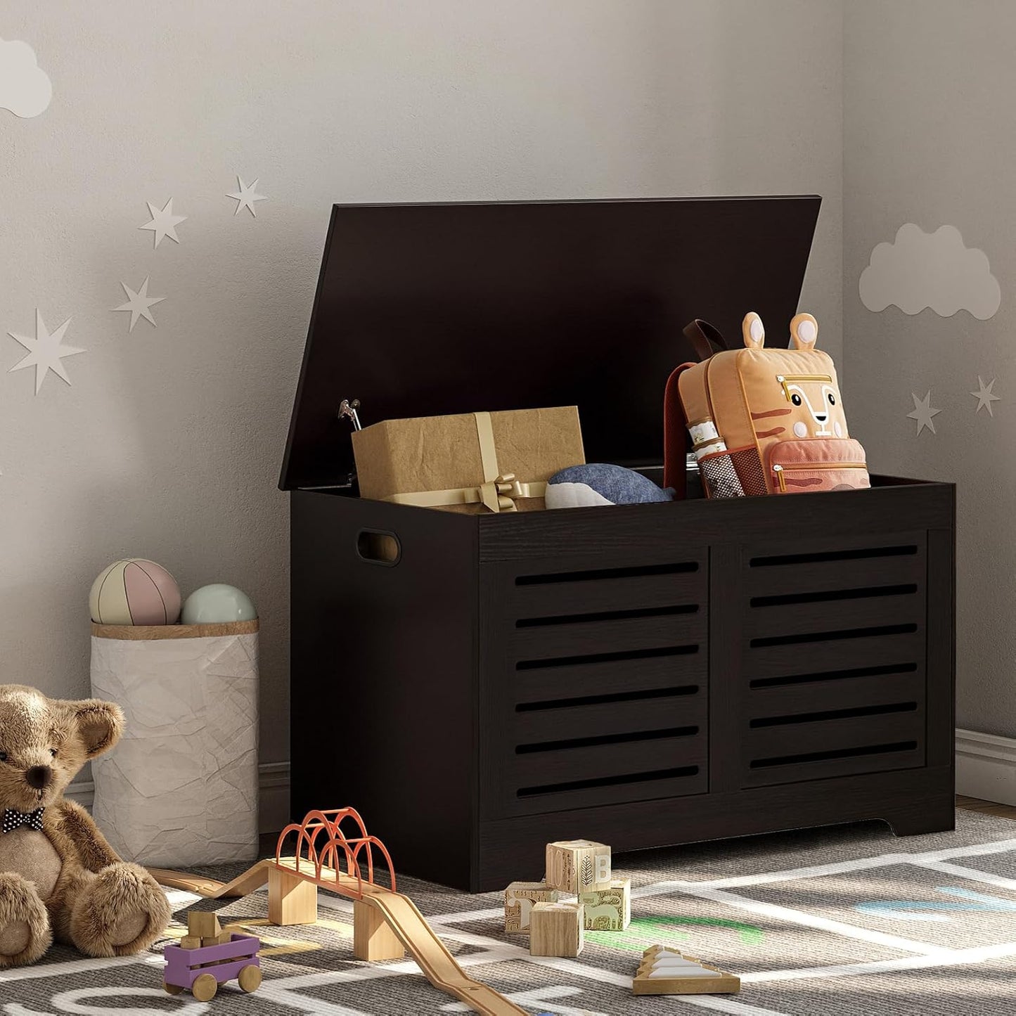 DINZI LVJ Storage Chest, Flip-Top Wooden Toy Box with 2 Safety Hinges, Entryway Shoe Storage Bench, Sturdy Large Storage Trunk for Living Room, Bedroom, Easy Assembly, Espresso