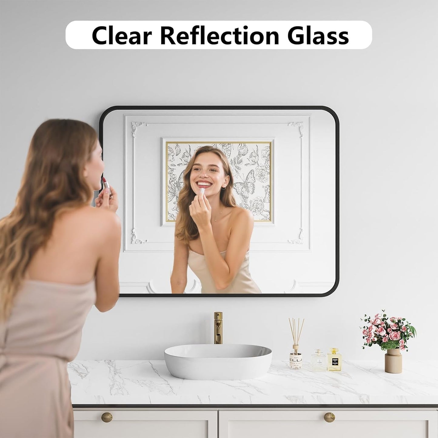 Koonmi Bathroom Mirror, 32X40 Inch Black Metal Framed Mirror for Bathroom, Tempered Glass, Anti-Rust, Rounded Rectangle Mirror for Restroom, Bedroom, Black