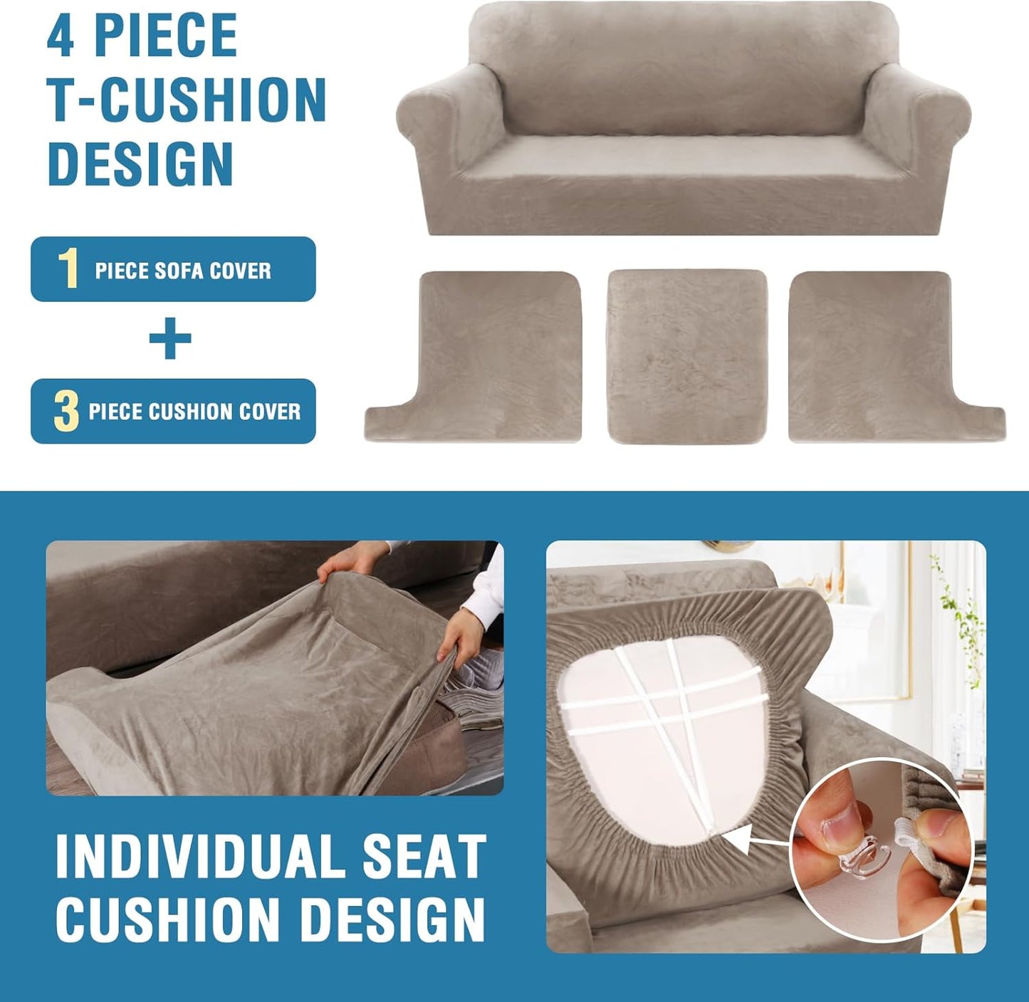 H.VERSAILTEX Sofa Cover 4 Piece T Cushion Sofa Slipcovers Thick Velvet Couch Cover Furniture Protector Stretch Sofa Covers for 3 Cushion Couch with 3 Individual T Cushion Covers Washable, Taupe