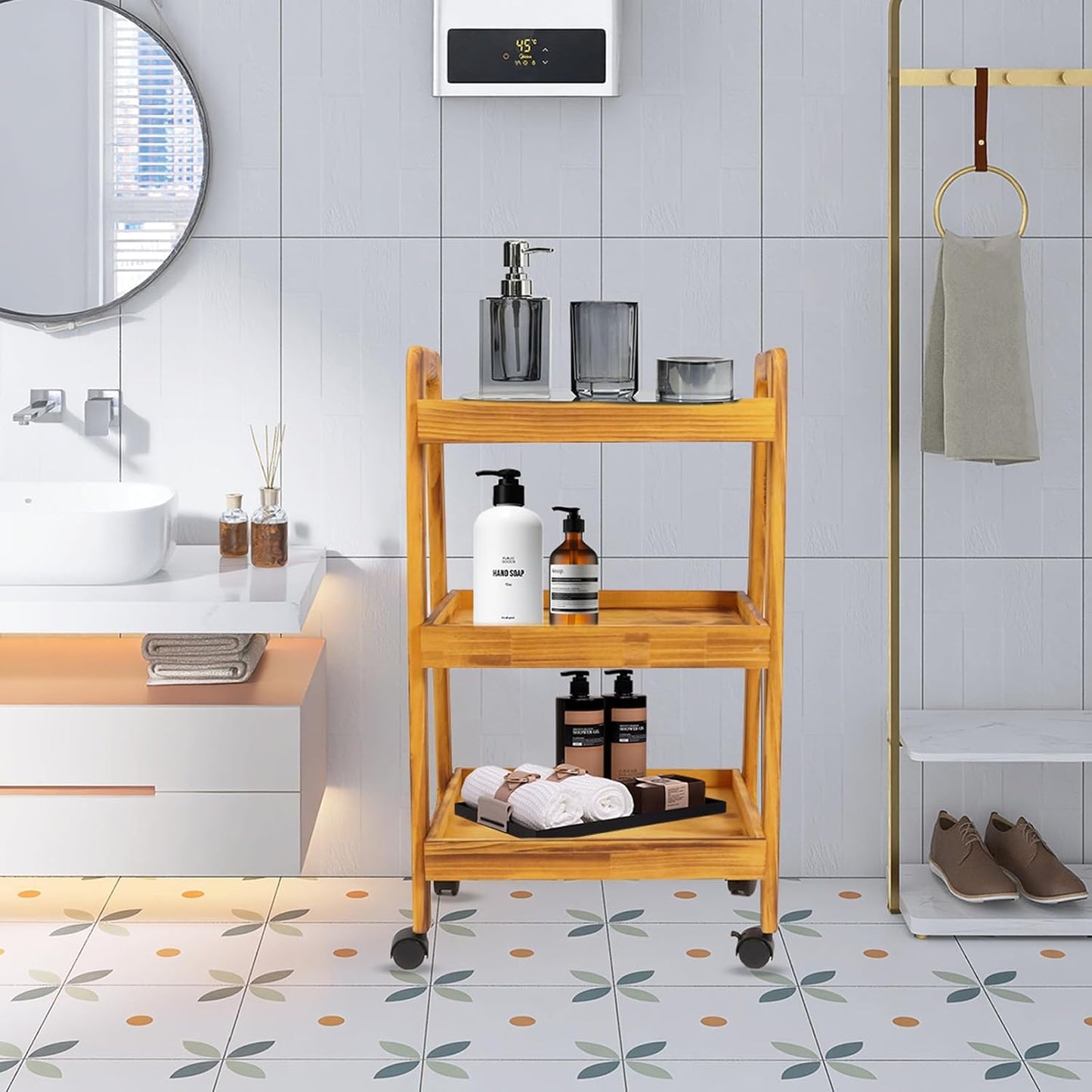 3-Tiers Ladder Shelf with Wheels, Wooden Rolling Cart,Solid Pine Wood Ladder Shelf, Side End Table for Artist,Storage Cart Organizer for Kitchen,Classroom, Living Room, Bathroom (Retro Yellow)