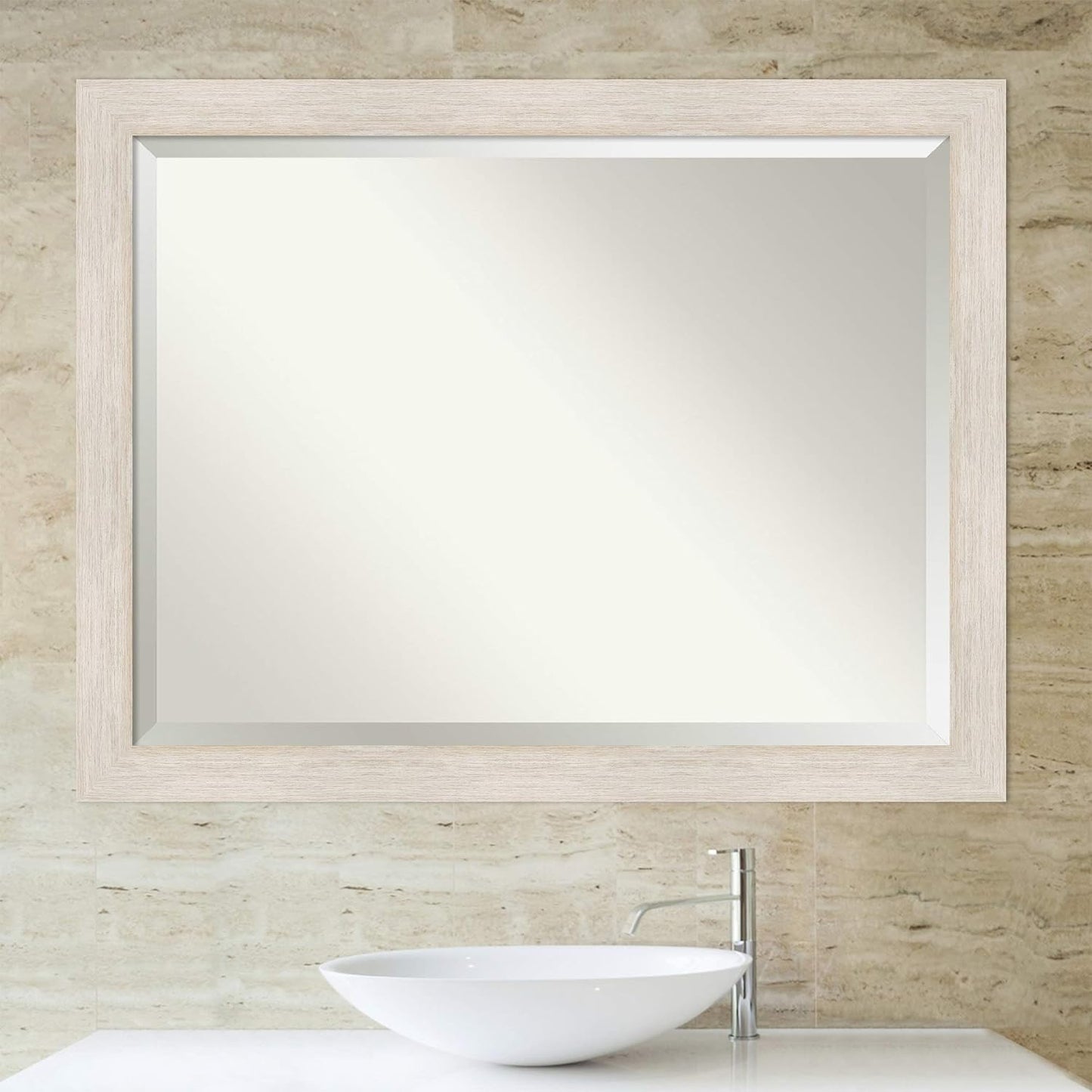 Amanti Art White Bathroom Mirror for Over Sink, 35x45 Hardwood White Wash Rectangle Vanity Mirror, X-Large Rustic Farmhouse Wood Frame, Hangs Horizonally and Vertically, Bathroom Wall Decor, Beveled