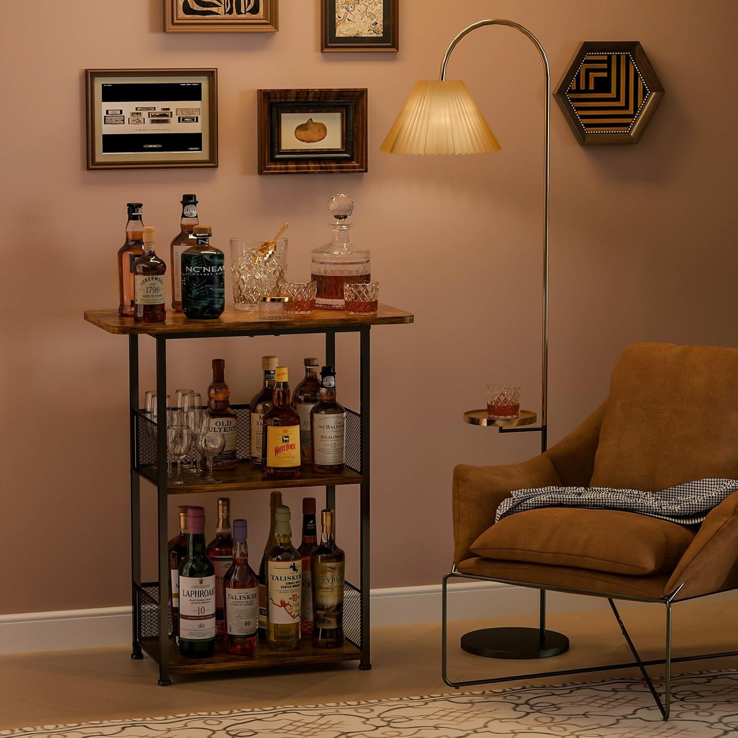 Floor Standing Freestanding Whiskey Rack: 3 Tier Wine Rack Mini Bar Table Corner Wine Bottle Display Stand Liquor Cabinet Bar, for Bottles,Cocktail Shaker,Mugs
