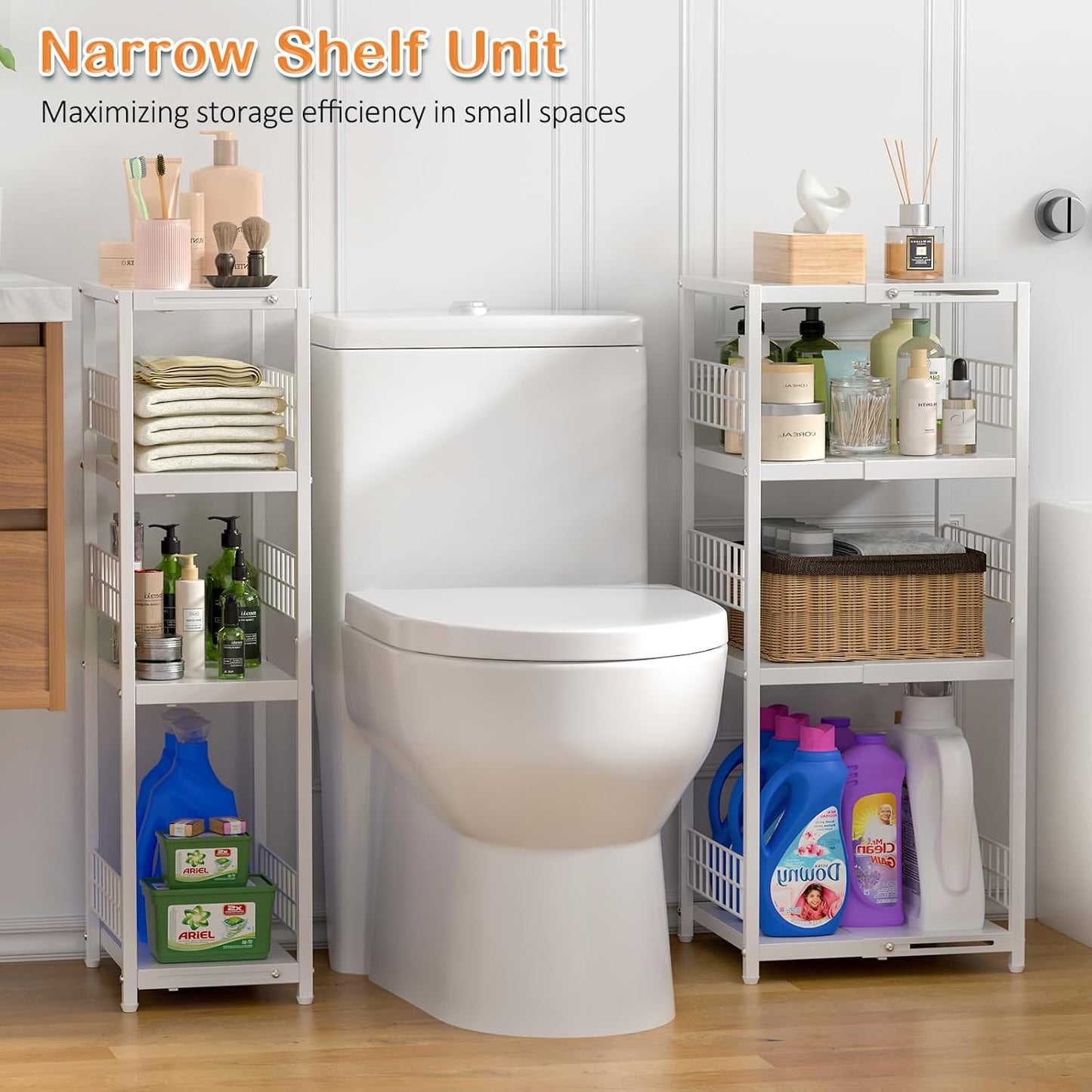 4 Tier Expandable Slim Storage Shelf, Metal Shelving Unit for Bathroom Storage Organizer, Freestanding Narrow Shelf for Small Spaces, Open Floor Shelves for Bathroom, Laundry Room, Kitchen,White