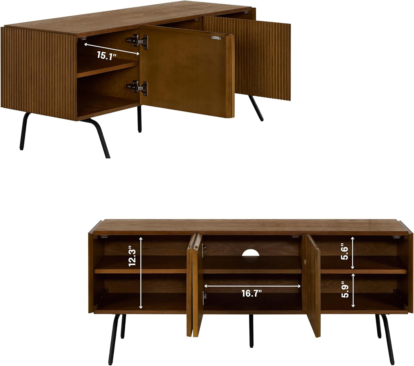 NTC Veil TV Stand with 3 Doors for TVs up to 60’’, Media Console with Vertical Groove Design and Metal Legs, Modern Entertainment Center for Living Room and Bedroom, Effortless Assembly, Rustic Oak