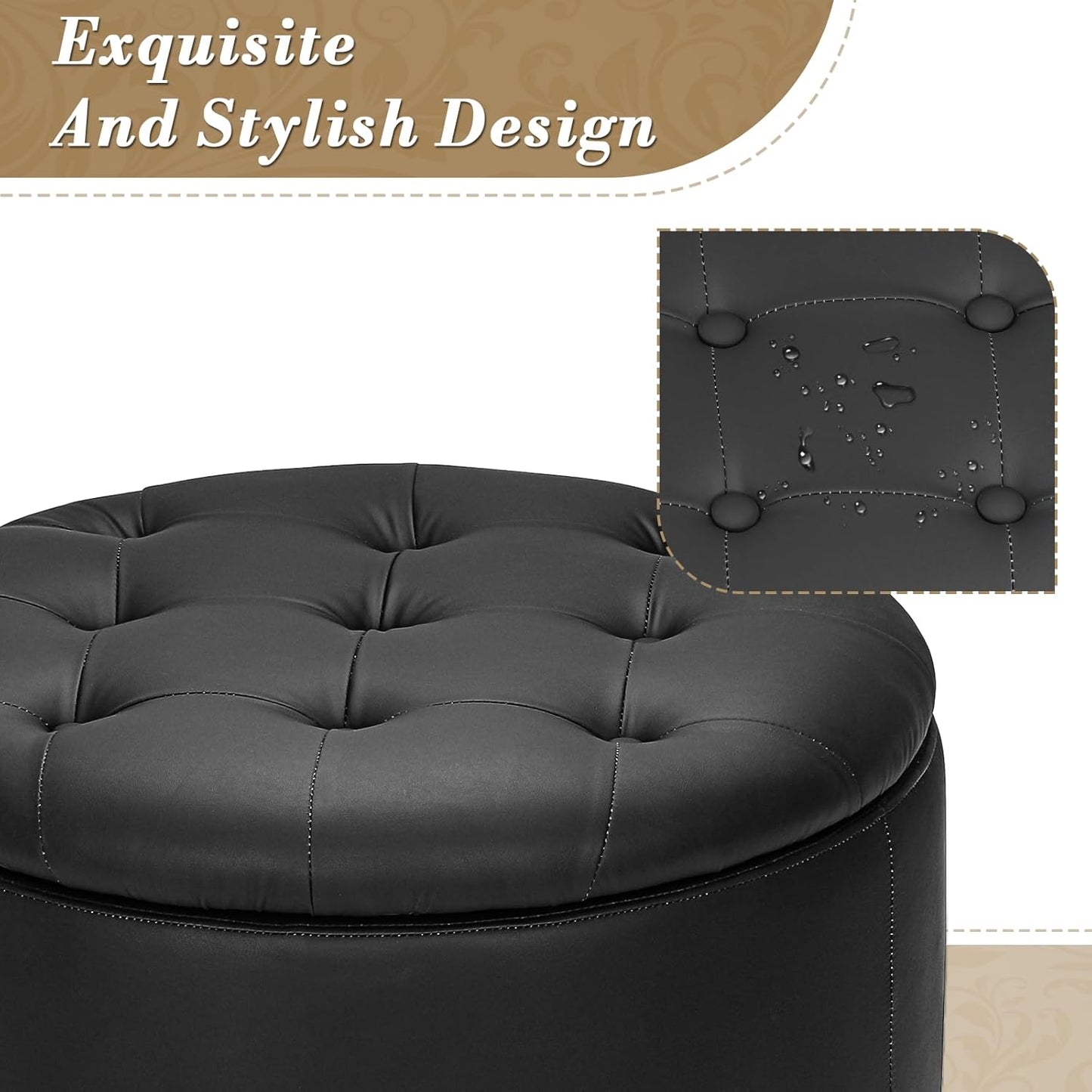 Athena Collection 24.5 Inch Small Ottoman with Storage, Round PU Leather Storage Ottoman Foot Rest with Removable Lid, Multipurpose Footstool Footrest for Livingroom, Bedroom, Dorm, Black