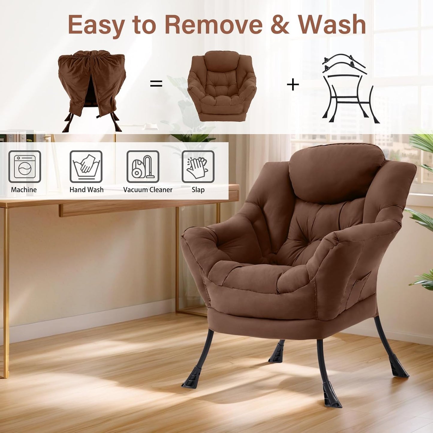 Lazy Chair for Living Room, Modern Accent Chairs with Armrests, Comfy Lounge Chair with Side Pocket, Cozy Lazy Sofa for Reading, Balcony, Bedroom, Dorm, Small Spaces (Dark Brown)