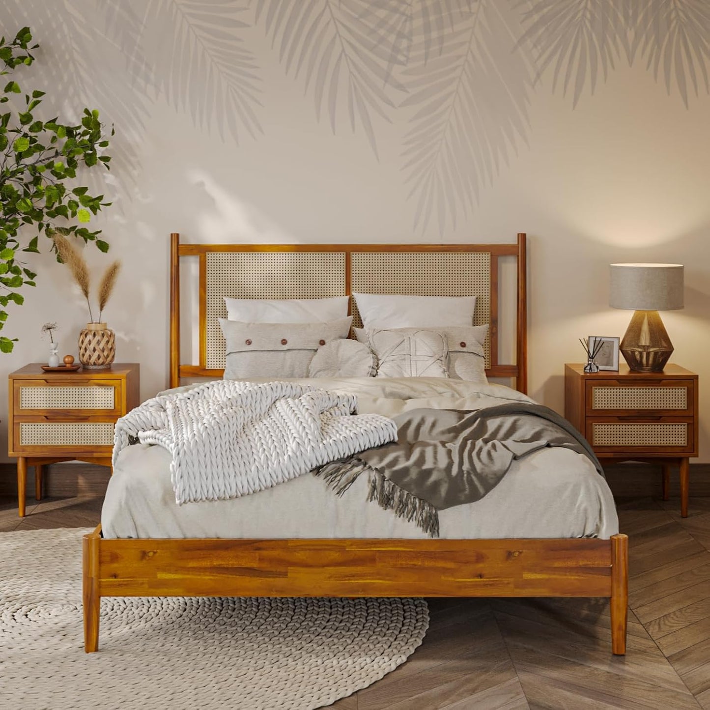 Bme Oliver Headboard Queen Size Bed Frame - 15-Inch Signature Design with Rattan Headboard, Bohemian and Mid Century Style, 12-Slat Wood Support, No Box Spring Needed - Easy Assembly, Caramel