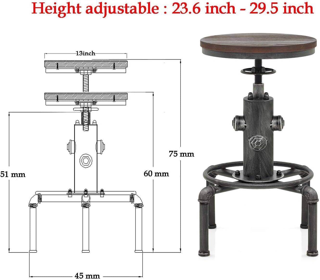 Topower Antique Vintage Industrial Barstool Solid Wood Water Pipe Fire Hydrant Design Cafe Coffee Industrial Bar Stool Set of 2 Silver