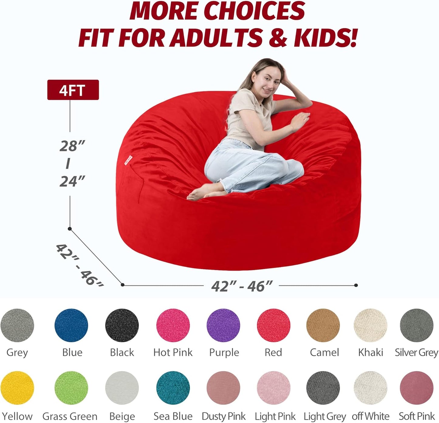 4FT Bean Bag Chair with Ultra Soft Velvet Cover Bean Bag Sofa with Memory Foam Bean Bag Chairs with Large Size Lazy Sofa for Dorm Office Living Room Bedroom Red 4'