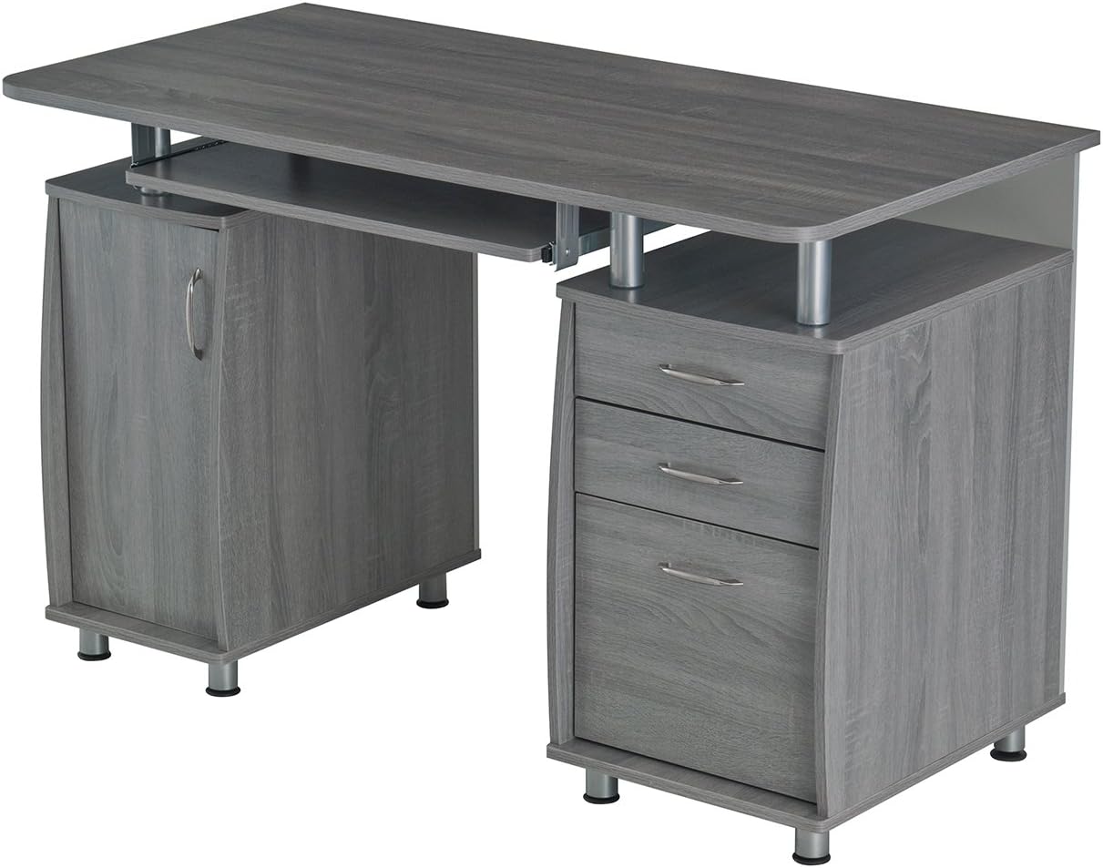 47.5'' Computer Desk with File Cabinet and Drawers, Storage Cabinet with Removable Shelf and Ventilation for CPU, Home Office Desk or Computer Workstation with Keyboard Tray, Grey