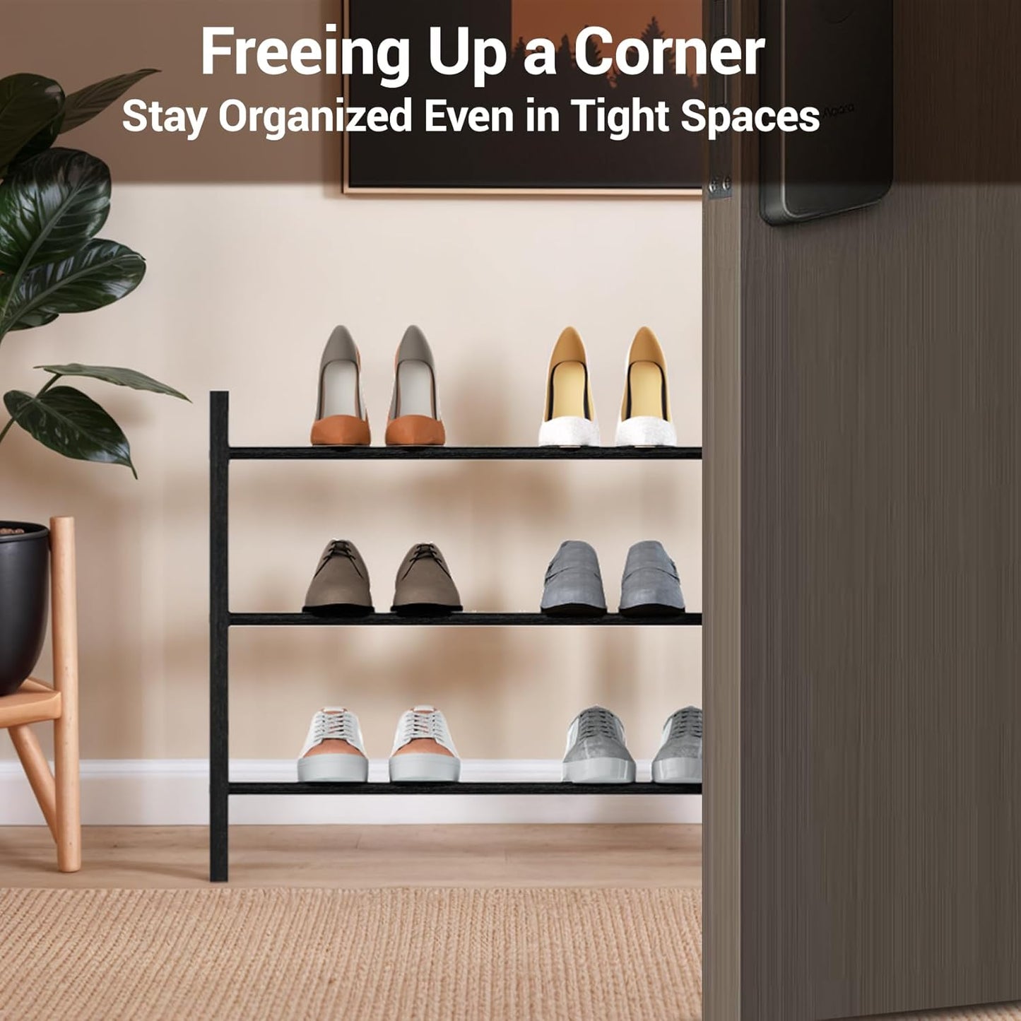 Haddockway Bamboo Shoe Rack for Closet, Free Standing Shoe Organizer with Smooth Round Rods & Convenient Handles, Stackable Shoe Storage Shelf for Entryway, Hallway(Black, 3-Tier(Small))