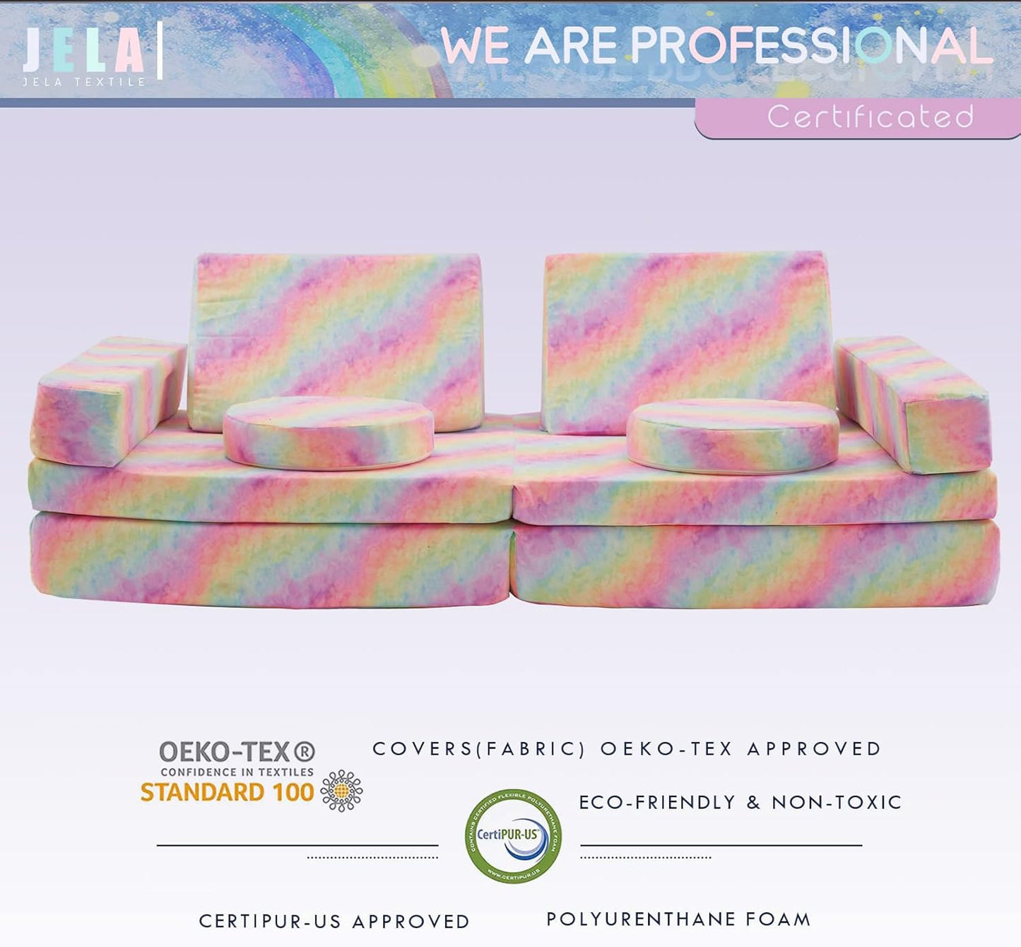 jela Kids Play Couch Castle Extended Size 10PCS with futons, Floor Sofa Modular Furniture for Kids and Adults, Foam Play Couch, Modular Play Sofa Set（Rainbow）