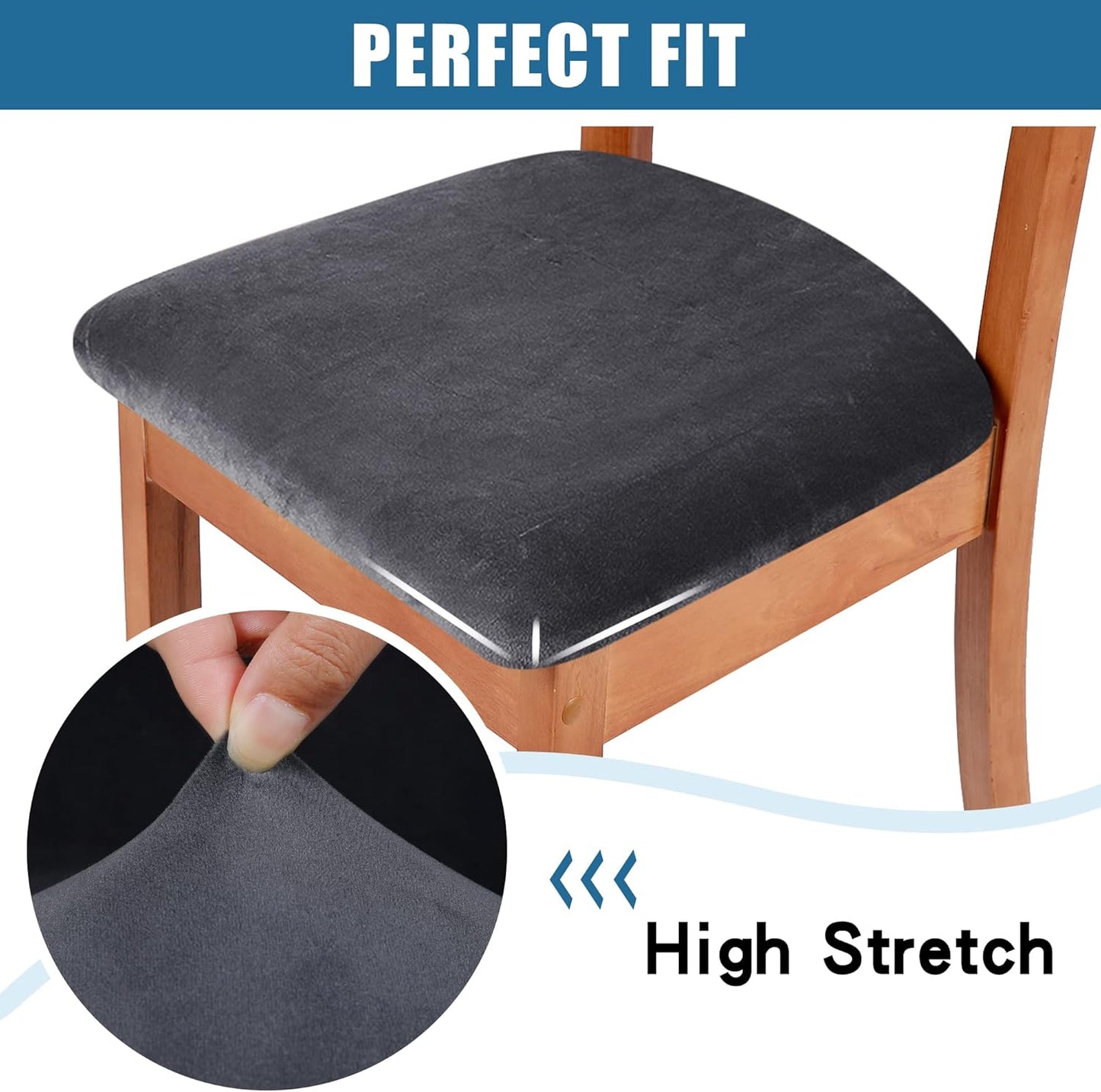 Smiry Velvet Seat Covers for Dining Room Chair Set of 4, Stretch Fit Removable Washable Chair Seat Cushion Protector Slipcovers with Ties, Dark Grey