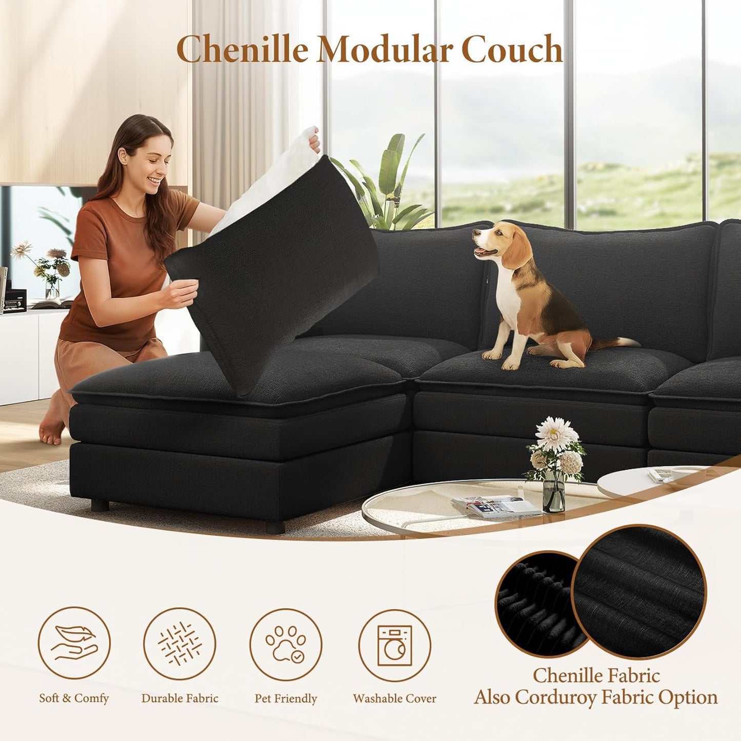 Vesgantti 108" Modular Sectional Sofa, Comfy Cloud Couch with Movable Ottoman Deep Seat Chenille L Shaped Modular Sofa, Sectional Couches for Living Room, Bedroom and Apartment, Black