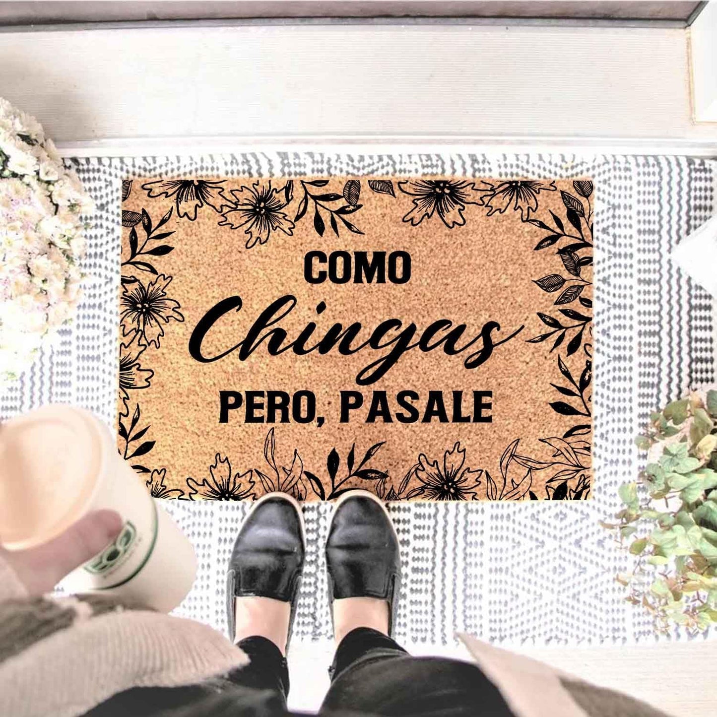 Funny Coir Doormat with Como Chingas Pero Pasale Spanish Quote - Front Door Mat, Entryway Welcome Mat, 23.7 x 15.7 inch