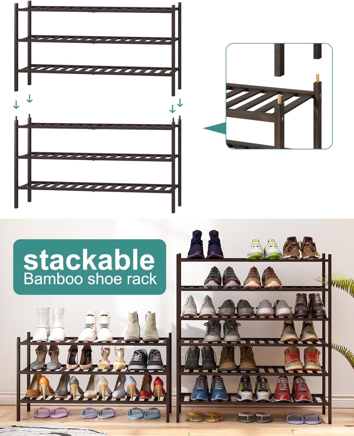 Long Shoe Rack, Bamboo Wood Shoe Rack for Closet, Entryway & Hallway, 3-Tier Stackable Shoe Shelf