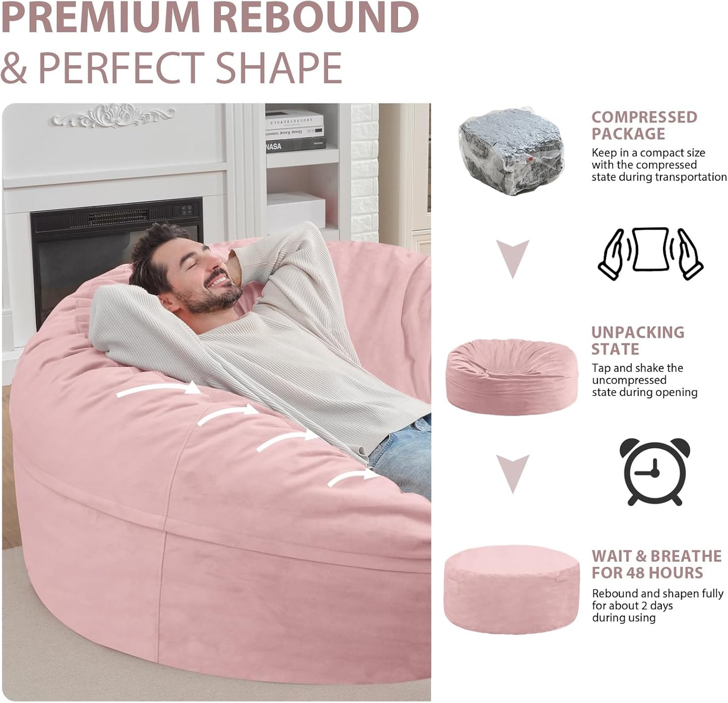 6FT Bean Bag Chair, Large Bean Bag Chairs with Memory Foam Filled, Fluffy Beanbag Sofa with Dutch Velvet Cover, Round BeanBag Chairs for Living Room, Playroom- Light Pink