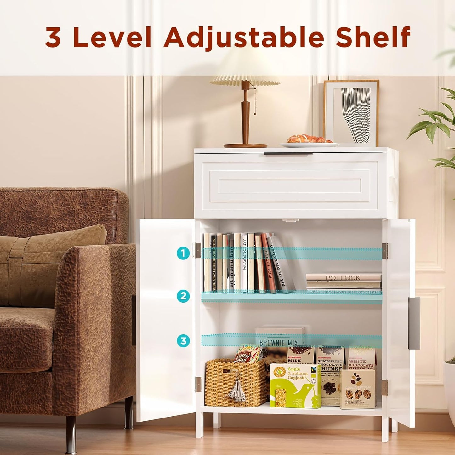 Storage Cabinet Bathroom Floor Cabinets with Drawer Freestanding Kitchen Cabinet Fluted Coffee Bar Cabinet for Living Room, Entryway, Garage Accent Storage Organization - 23.6x11.8x35.4- White