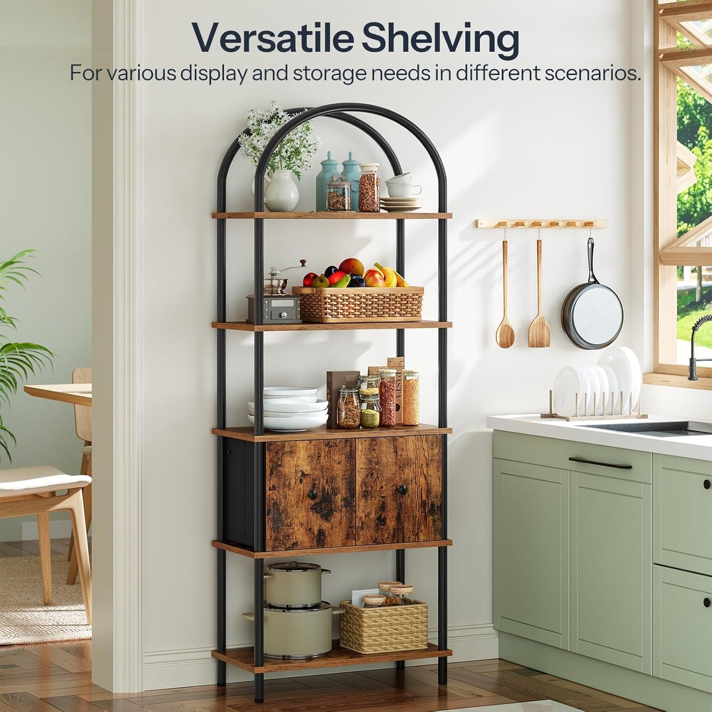 HOOBRO 5-Tier Bookshelf, Arched Bookcase with 2 Drawers, Tall Industrial Style Display Rack, Modern Standing Bookcase with Metal Frame for Office, Bedroom, Kitchen, Rustic Brown and Black BF175SJ01