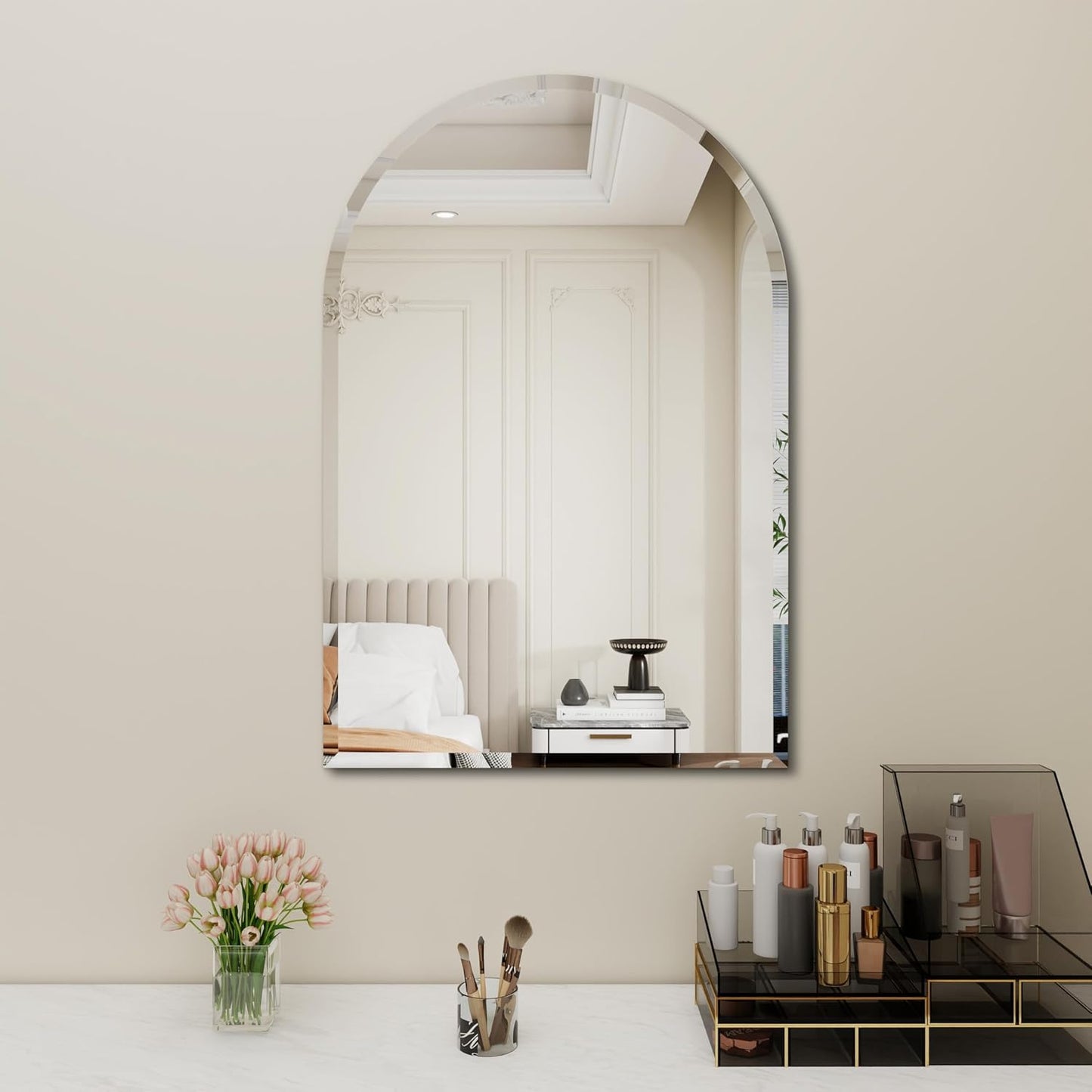 Arched Bathroom Mirror, 26X38 inch Arched Frameless Mirror, Arch Wall Mirror，Frameless Mirrors for Bathroom,Beveled Bathroom Mirror.