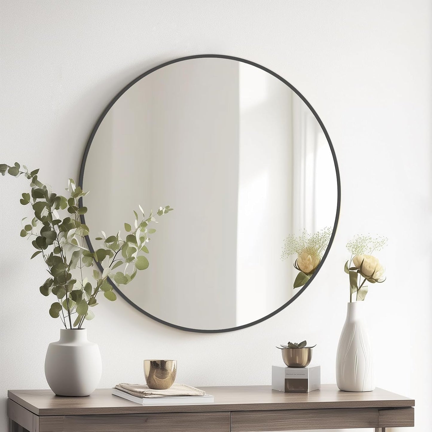 HOMECOOKIN Round Wall Mirror 28" Black Circle Mirror for Bathroom with Metal Framed, Round Gold Mirror for Wall Decor, Vanity, Entryway Living Room