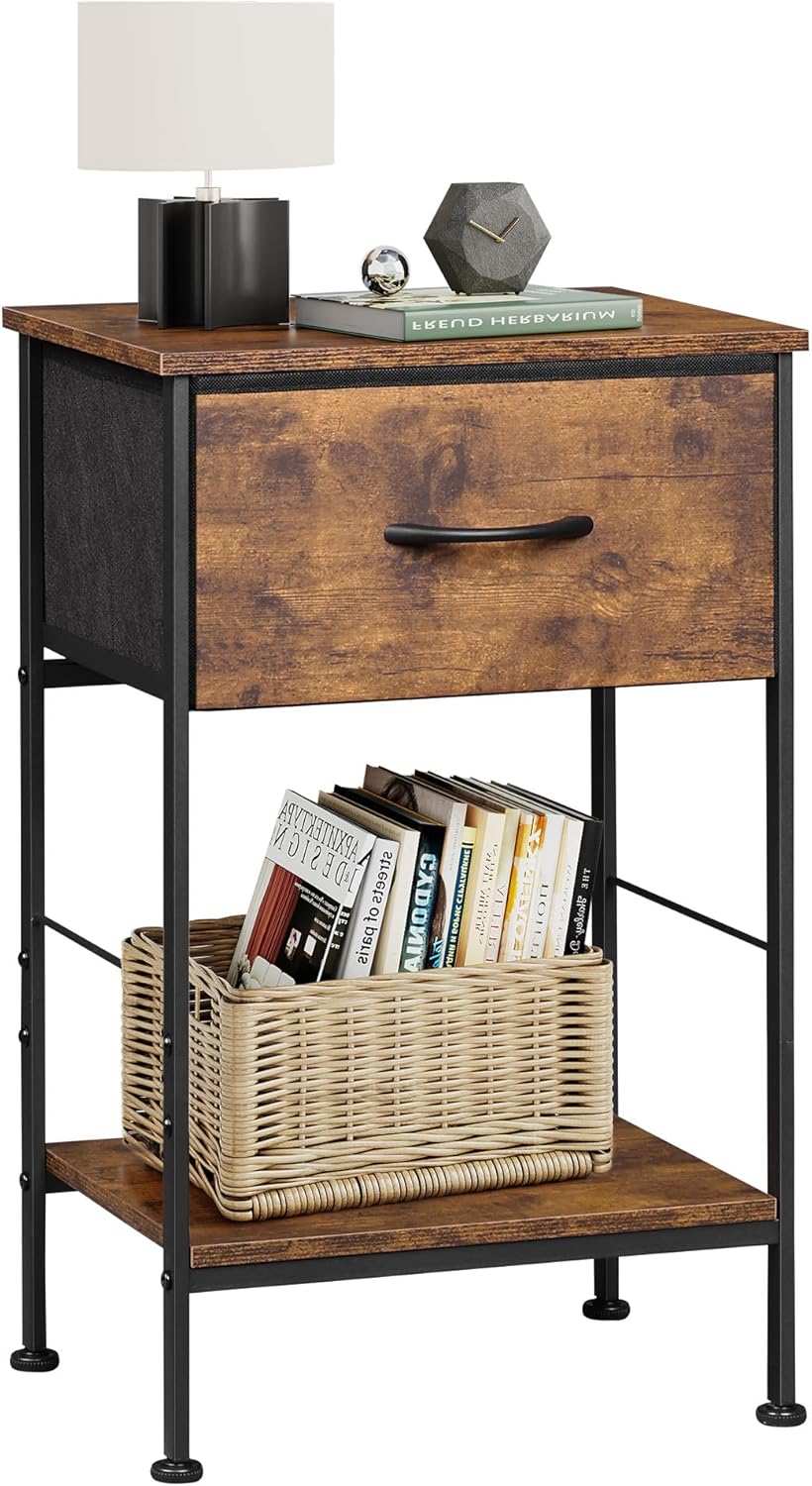 WLIVE Nightstand, Bedside Side Table for Bedroom, Dorm with Steel Frame, Night Stand End Table with Fabric Storage Drawer, Easy Assembly, Rustic Brown Wood Grain Print, 11.73''D 15.67''W 25.03" H