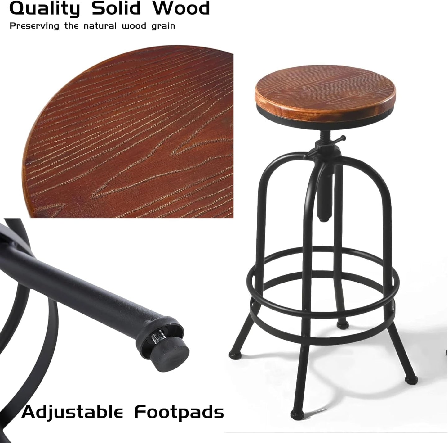 Diwhy Industrial Bar Stool-26-32 Inch Adjustable Swivel Metal Wood Seat Stool Bar Height Bar Stool with Footrest-for Kitchen, Dining Side Chair, Pub, Bistro, Set of 2, Black