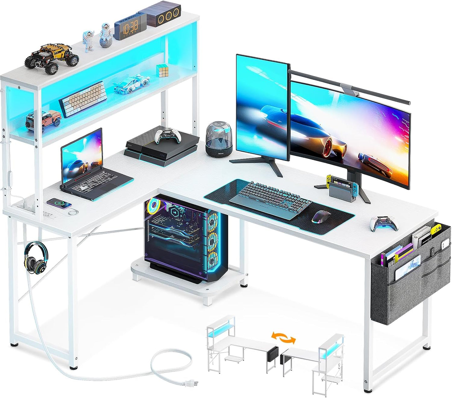 AODK L Shaped Desk Gaming Desk with LED Light & Power Outlet, 53 Inch Reversible L Shaped Computer Table with Shelf, Corner Desk with Storage Bag&Hook for Home Office Desk, White