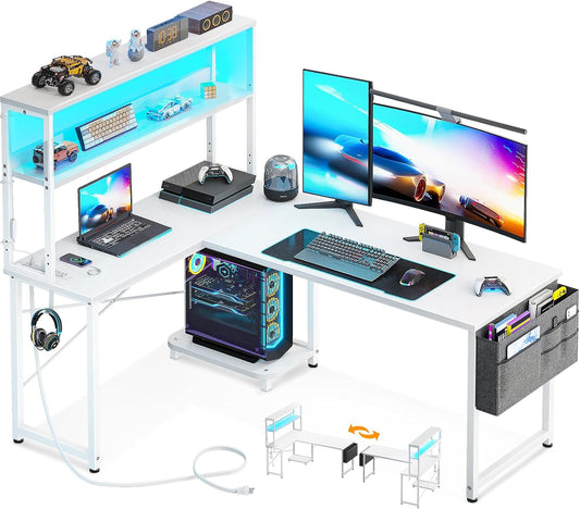 AODK L Shaped Desk Gaming Desk with LED Light & Power Outlet, 53 Inch Reversible L Shaped Computer Table with Shelf, Corner Desk with Storage Bag&Hook for Home Office Desk, White