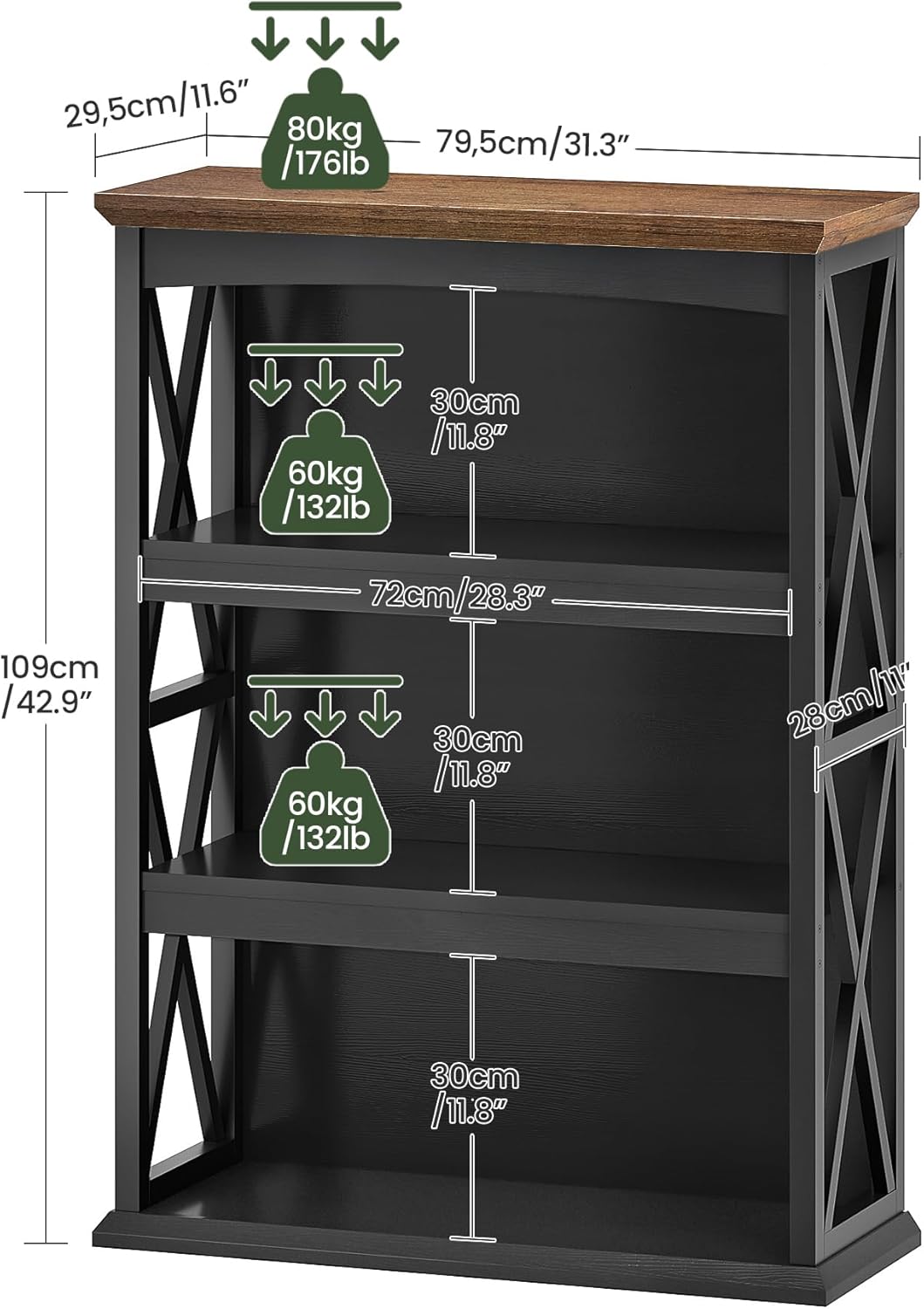 4-Tier Bookcase, 42.9" Floor Standing Organizer Shelf, Corner Book Stand, Metal Frame, for Study, Bedroom, Living Room, Black and Walnut TSJ01BL