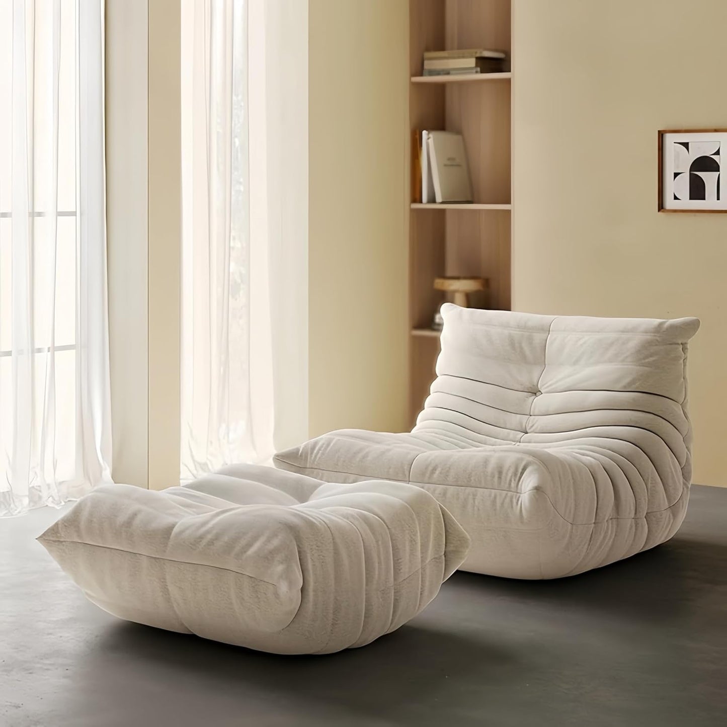 Bean Bag Chair - Memory Foam Bean Bag Chair for Adults, Comfy High-Resilience Single Sofa, Small Space Floor Chair, Chaise Lounge for Living Room, Bedroom (Beige, Wrinkles + Ottoman)