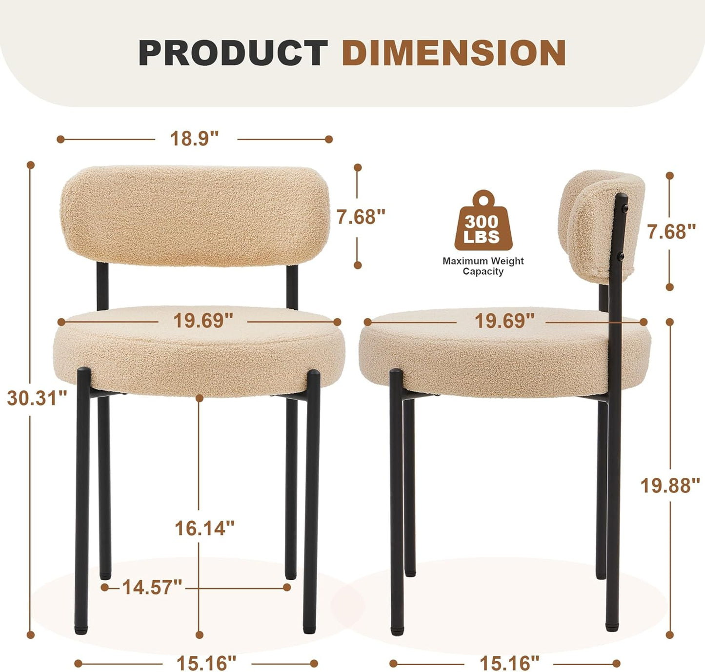 Dining Chairs Set of 6, Beige Boucle Dining Chair, Curved Backrest Upholstered Dining Room Chairs with Black Metal Legs, Mid Century Modern Dining Chairs for Kitchen, Living Room, Beige