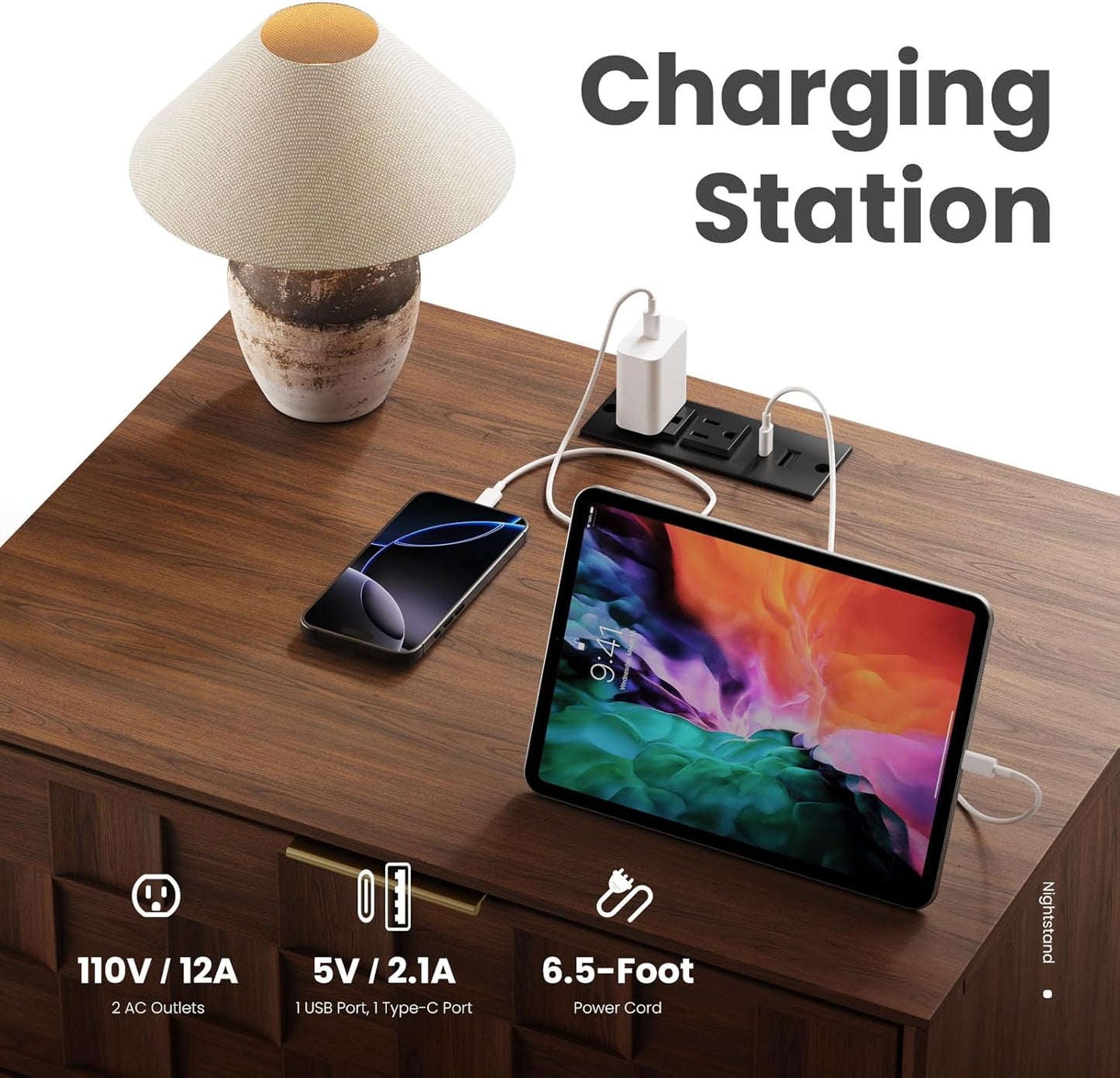 COLAMY Nightstand with Charging Station, 22" Modern Bed Side Table with 2 Storage Drawers and Chessboard Relieffor Bedroom, Dorm and Small Spaces - Walnut