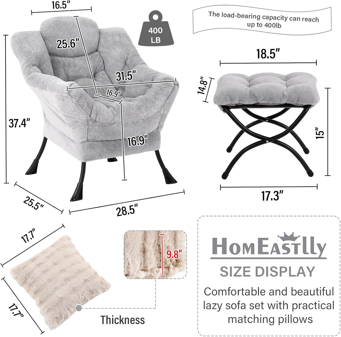 Lazy Chair with Ottoman, Modern Large Accent Lounge Chair with a Pillow, Leisure Sofa Armchair, Reading Chair with Footrest for Bedroom, Living Room,Plush Light Grey