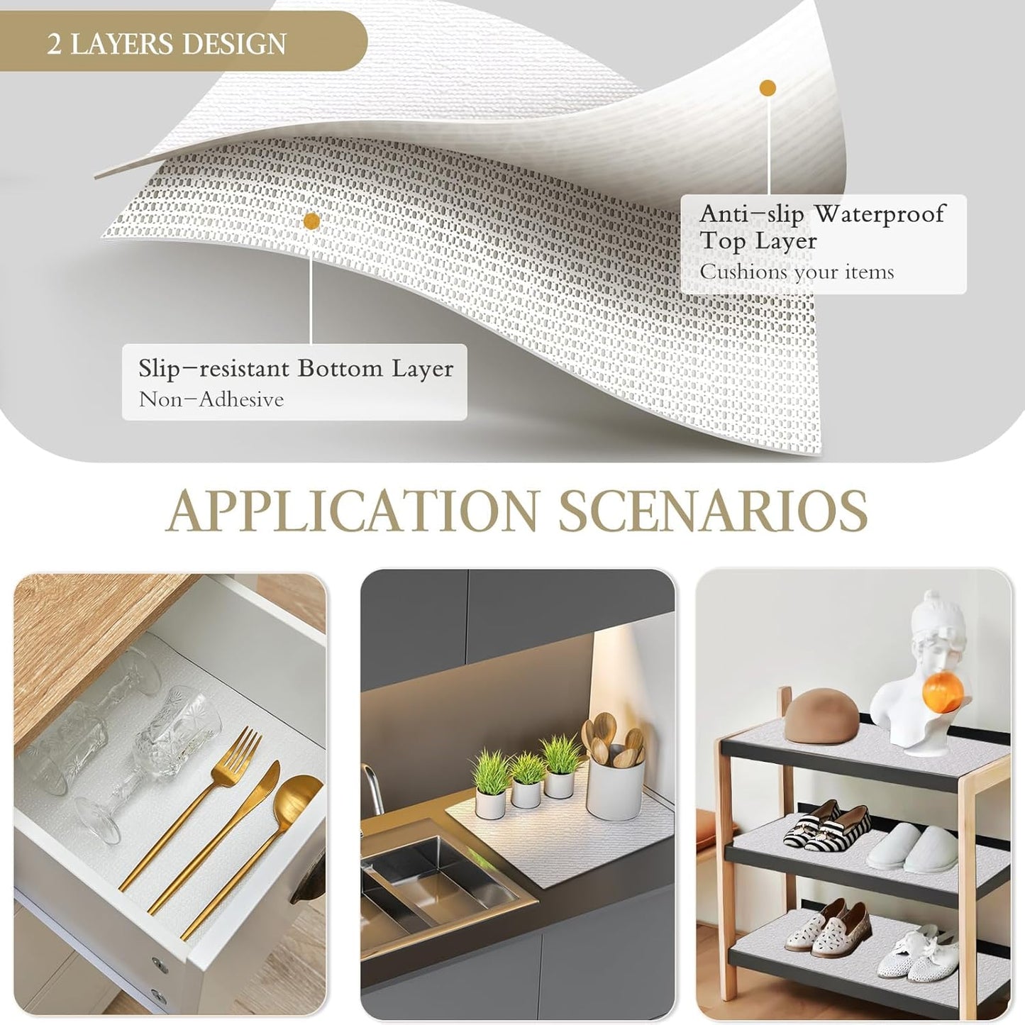 Beautysaid Shelf and Drawer Liner for Kitchen Cabinet, Non Adhesive Non Slip Shelf Paper Waterproof Washable Thickened for Dresser Pantry Shelve Bathroom Protector Liner(White,18 in x 30 FT)