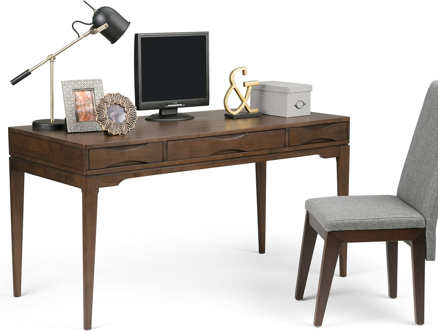 SIMPLIHOME Harper Desk - 60-Inch Wide Solid Hardwood Writing Desk in Walnut Brown, Mid-Century Modern Home Office Computer Table for Workspace or Study with 2 Drawers and Flip-Down Keyboard Tray