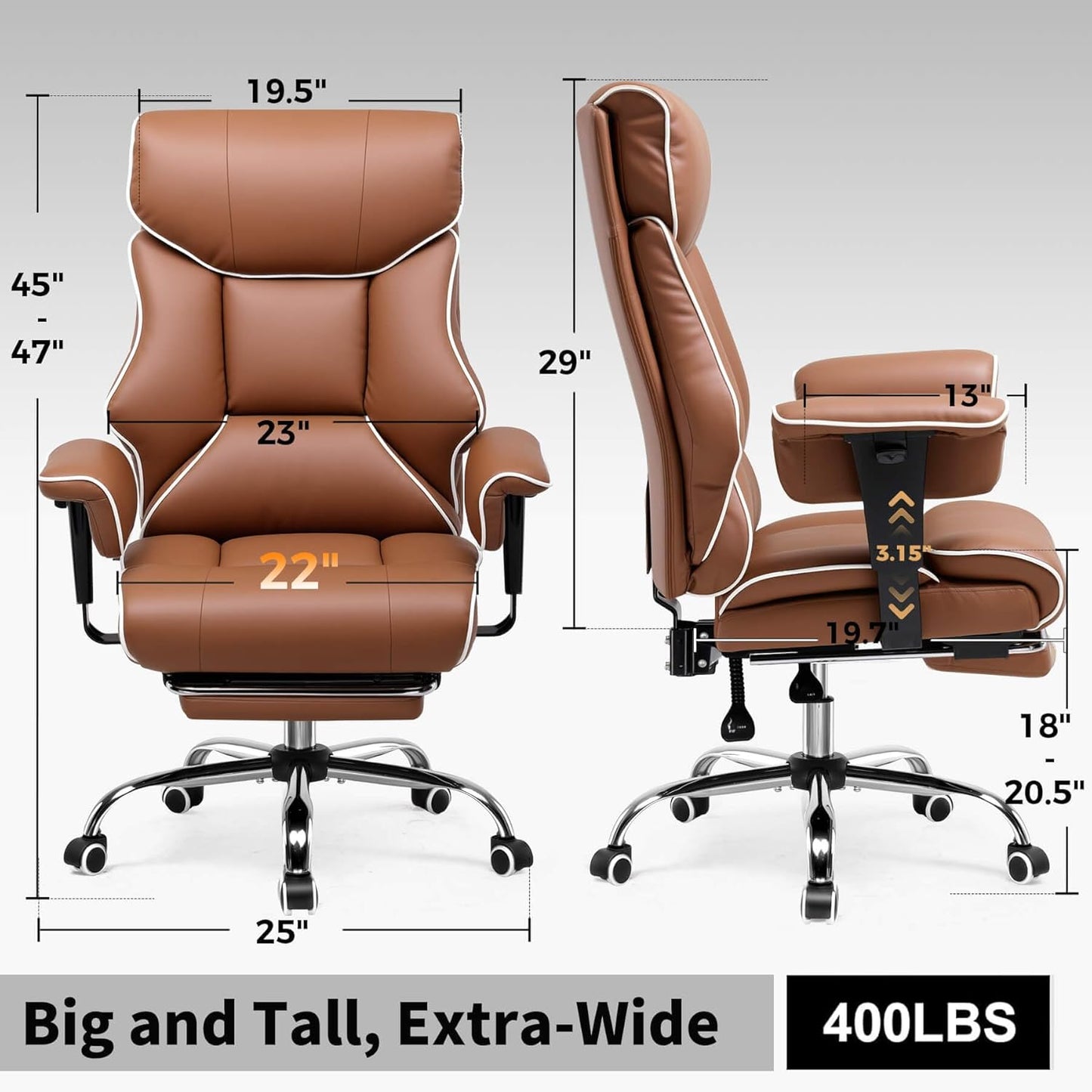 COMHOMA Big and Tall Office Chair 400lbs High Back Leather Executive Chair with Ergonomic Lumbar Support & Pocket Spring Cushion for Lower Back Pain Relief, Computer Gaming Chair with Foot Rest, Brown