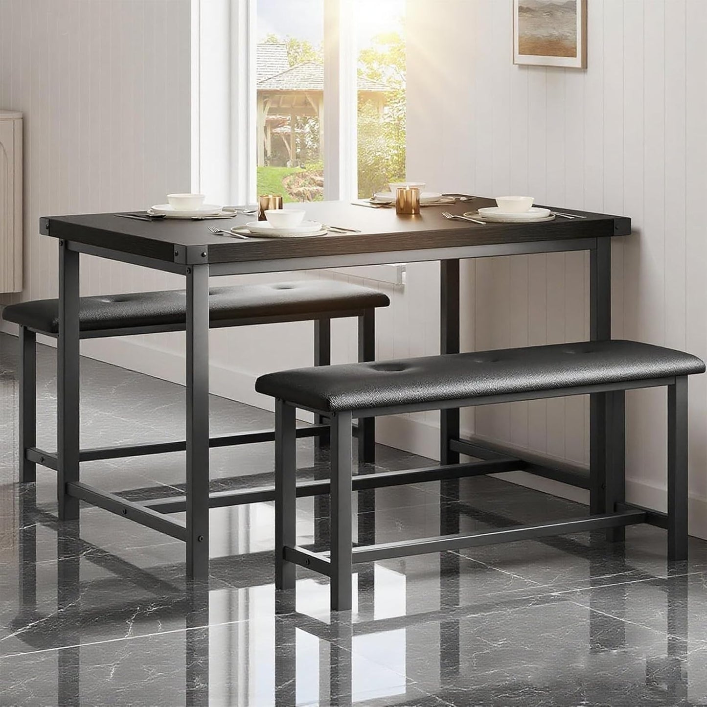 Garvee Dining Table with 2 Benches, Kitchen Table with 2 Upholstered Benches Rectangular Space Saving for Apartment, Dining Room, Kitchen, 44.5 Inches Large, Black