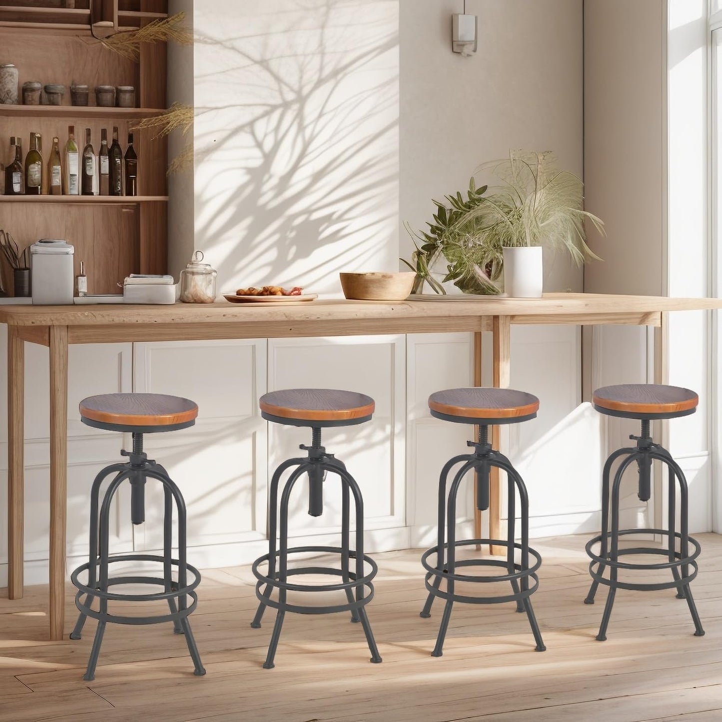 Set of 2-Industrial Bar Stool-Retro 26-32.3inch Swivel Stools-Extra Tall Kitchen Chair-Bar Counter Height Adjustable-Fully Welded (Black 2PCS)