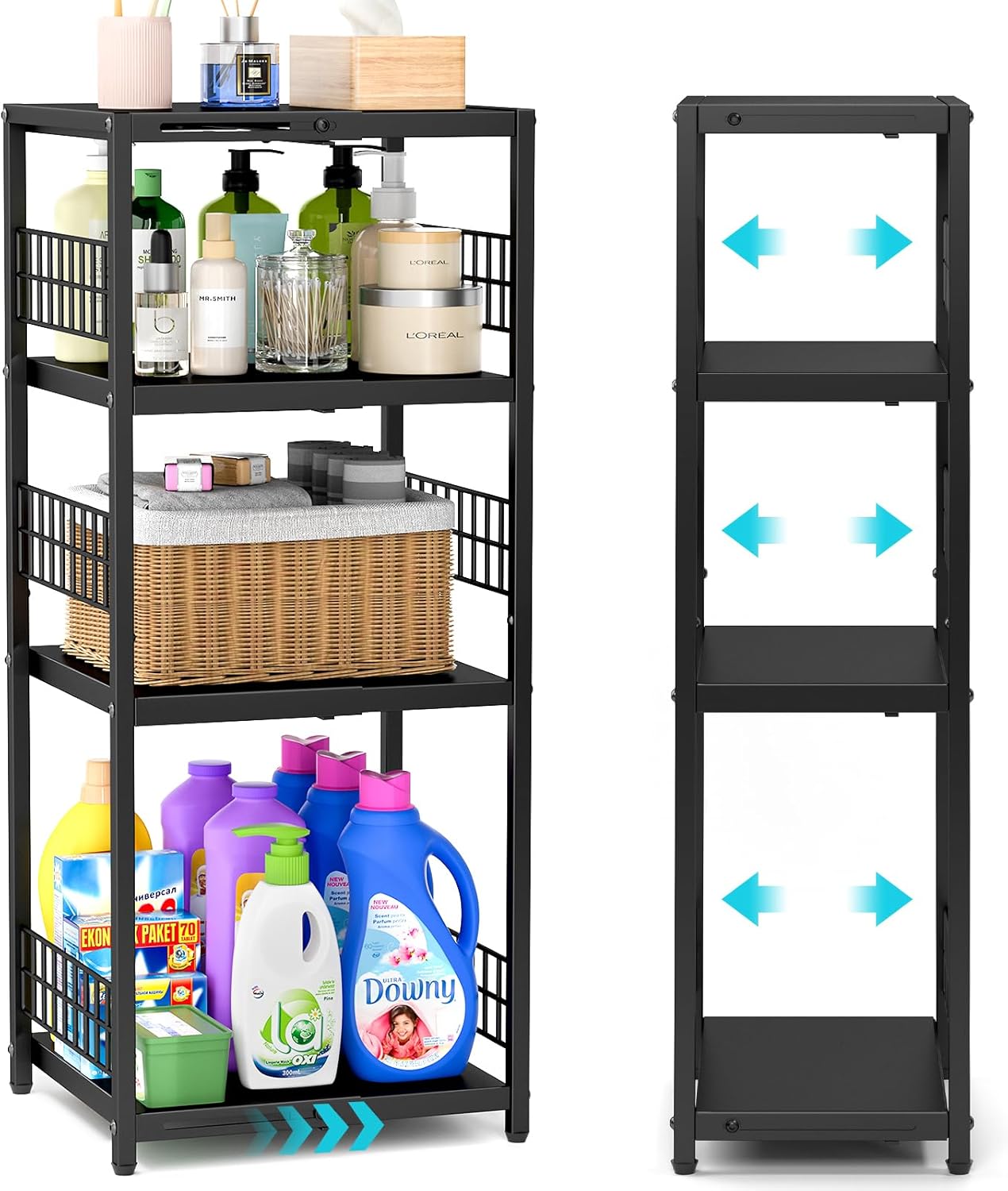 Expandable Slim Storage Shelf, 4 Tier Metal Shelving Unit for Bathroom Storage Organizer, Freestanding Narrow Shelf for Small Spaces, Open Floor Shelves for Bathroom, Laundry Room, Kitchen