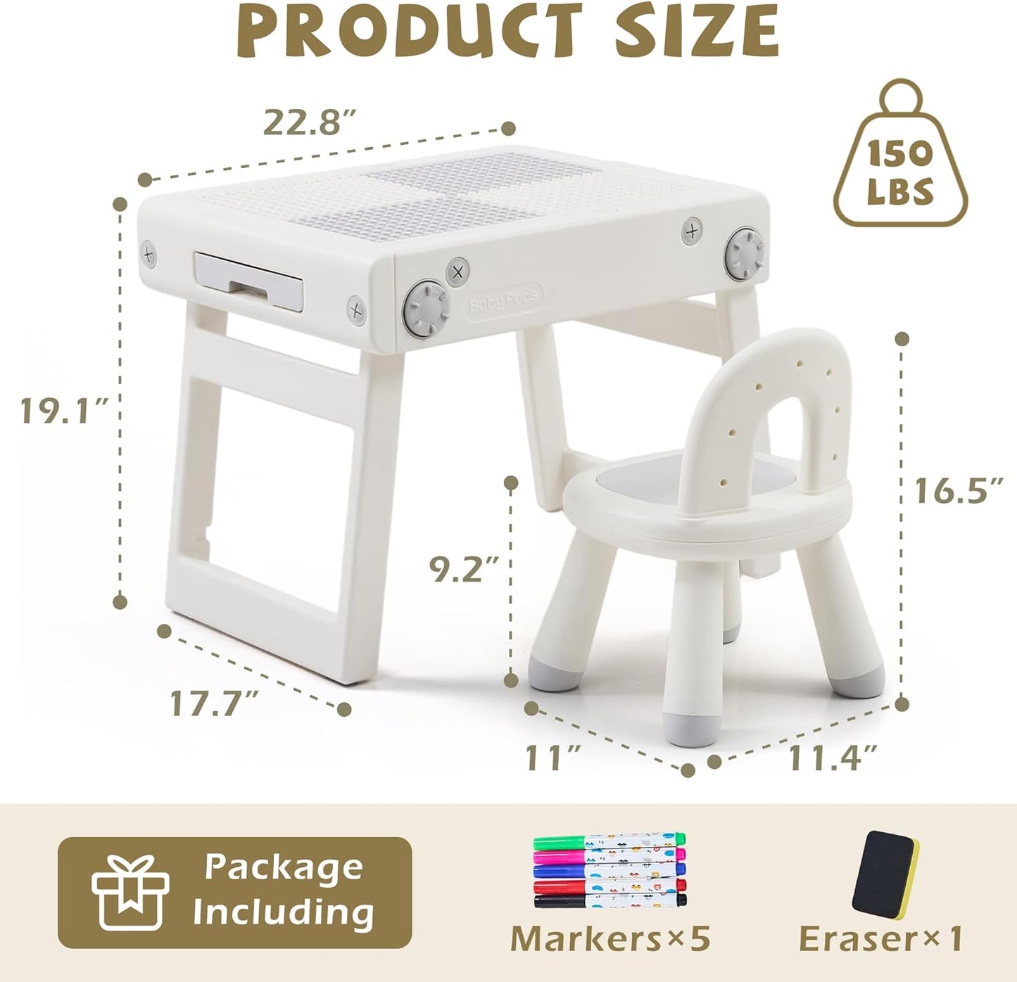 Toddler Table and Chair Set, Foldable Building Block Table for Kids, Double-Sided Drawing & Building Kids Activity Tables, Include 5 Markers & Board Eraser