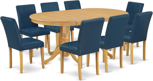 East West Furniture VAAB9-OAK-55 9 Piece Modern Dining Table Set Includes an Oval Wooden Table with Butterfly Leaf and 8 Oasis Blue Faux Leather Parson Dining Chairs, 40x76 Inch, Oak