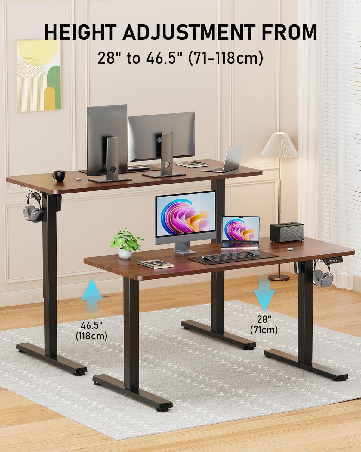 Electric Standing Desk, Large Height Adjustable Stand up Desk, 48 x 24 Inches Sit Stand Home Office Desk, with Splice Board, Black Frame/Walnut Top
